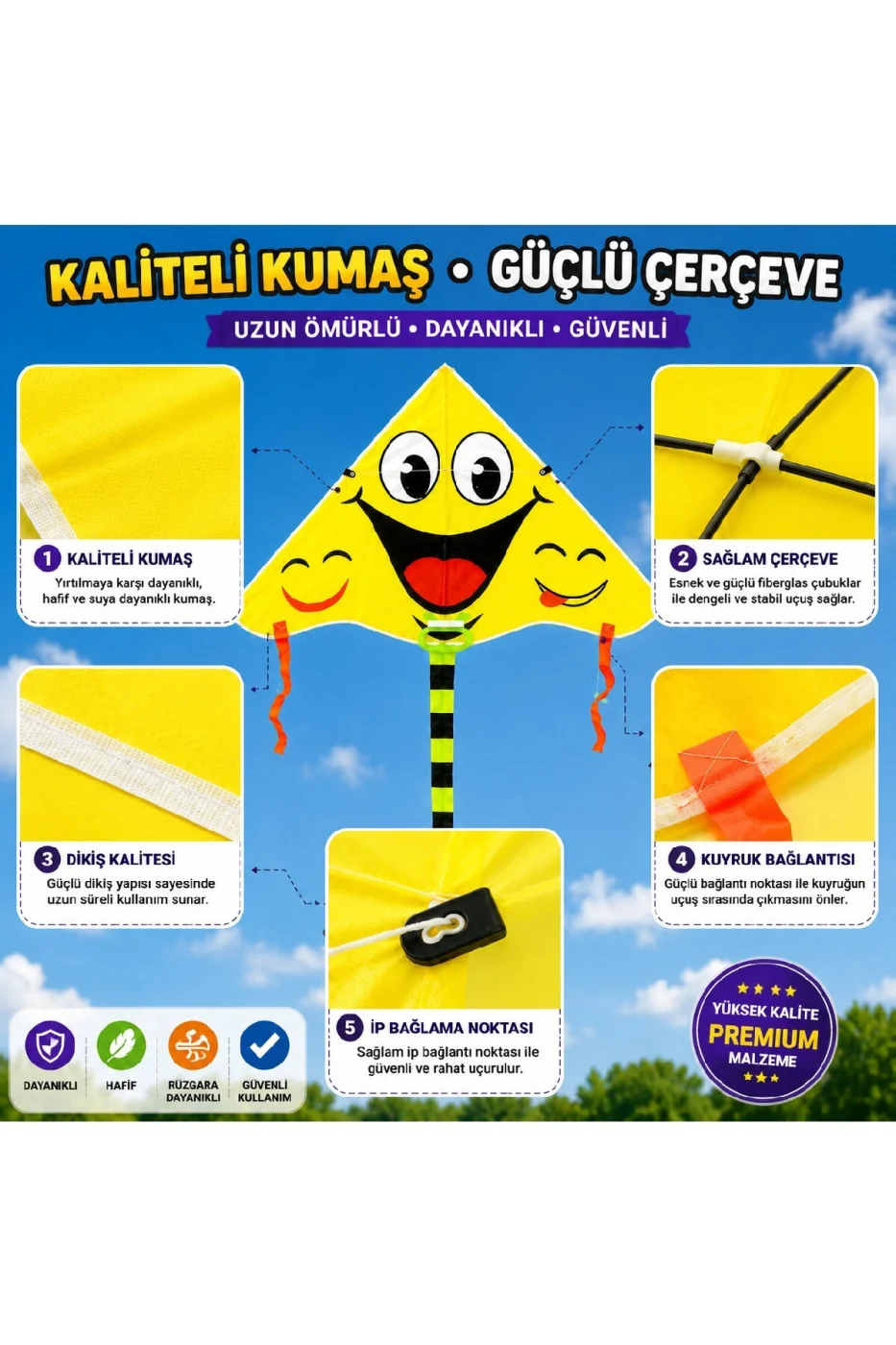 Gülen Yüz Uçurtma Çocuk Uçurtması | Kolay Uçan | Renkli Kuyruklu | İp Makaralı | Dayanıklı Açık Hava Oyuncağı gorsel 6