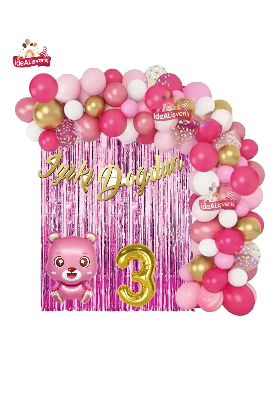Pembe Ayıcık Gold 3 Yaş Folyo Balonlu İyi ki Doğdun Yazılı Pembe Gold Doğum Günü Parti Seti