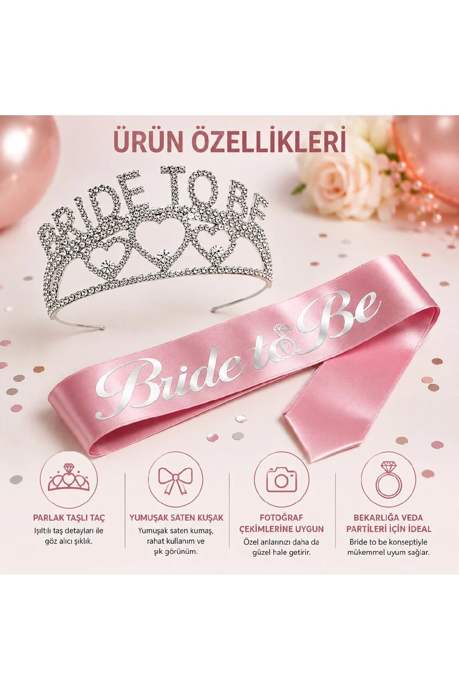 Bride To Be Taç ve Kuşak Seti Bekarlığa Veda Partisi Gelin Tacı Kuşağı gorsel 3