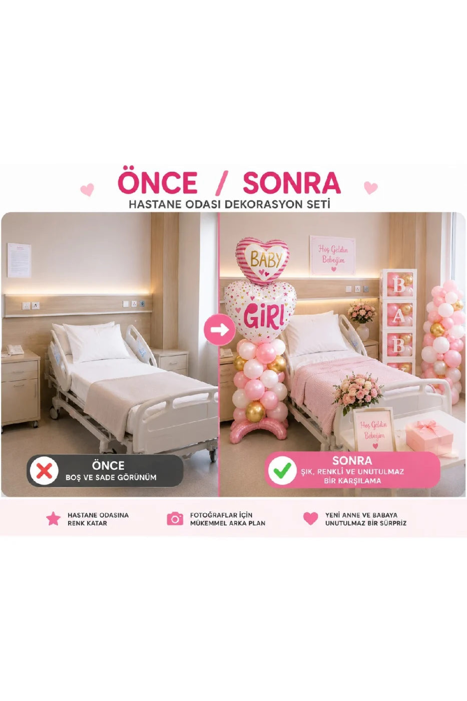 Baby Girl Hastane Odası Süsleme Seti – Hoş Geldin Bebek Kız Balon Dekorasyon Seti | BABY Kutu, Balon Standı ve Balon Zinciri gorsel 5