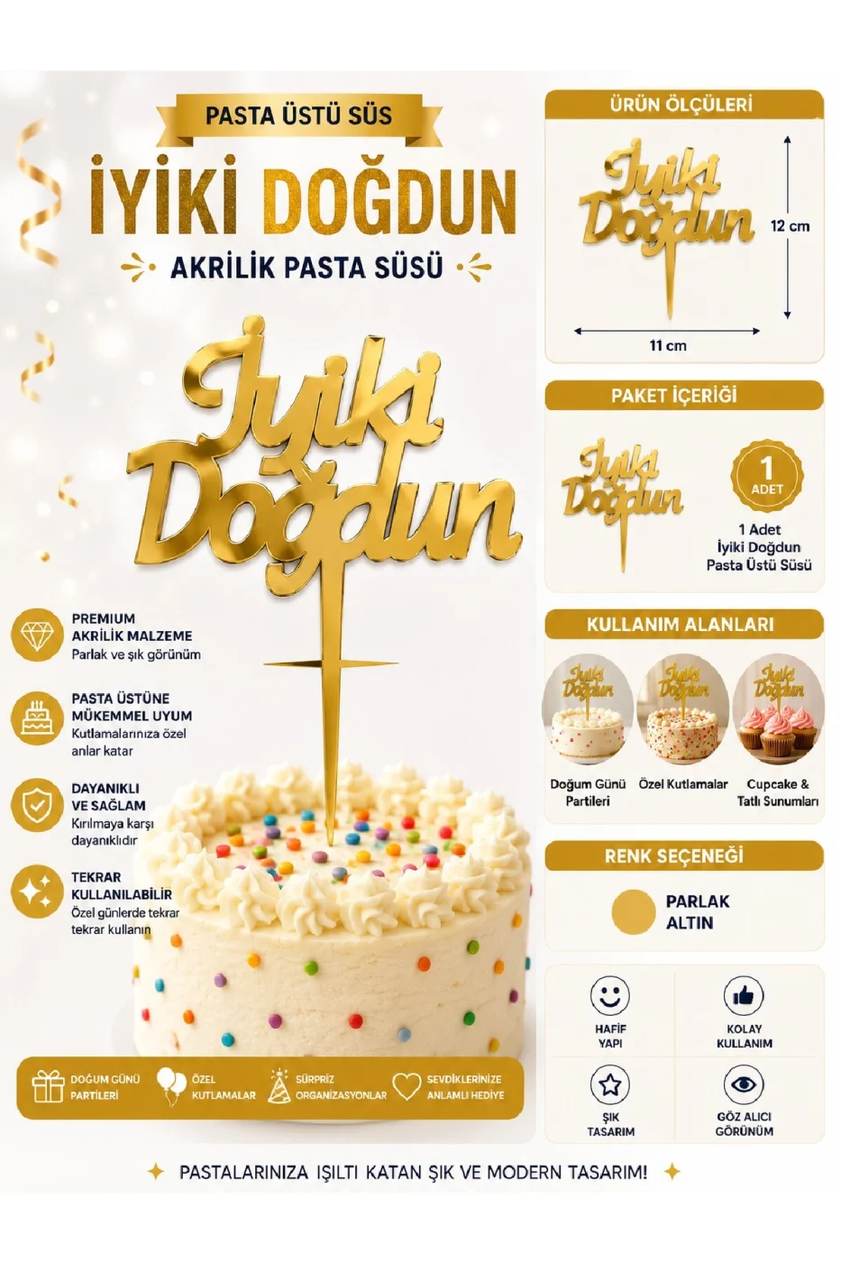 İyiki Doğdun ve Happy Birthday Pasta Üstü Süsü Yazısı Akrilik Parlak Doğum Günü Pasta Yazısı Topper 11x12 cm Doğum Günü Parti Pastası Dekoru