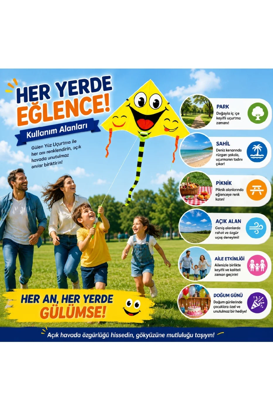 Gülen Yüz Uçurtma Çocuk Uçurtması | Kolay Uçan | Renkli Kuyruklu | İp Makaralı | Dayanıklı Açık Hava Oyuncağı gorsel 8