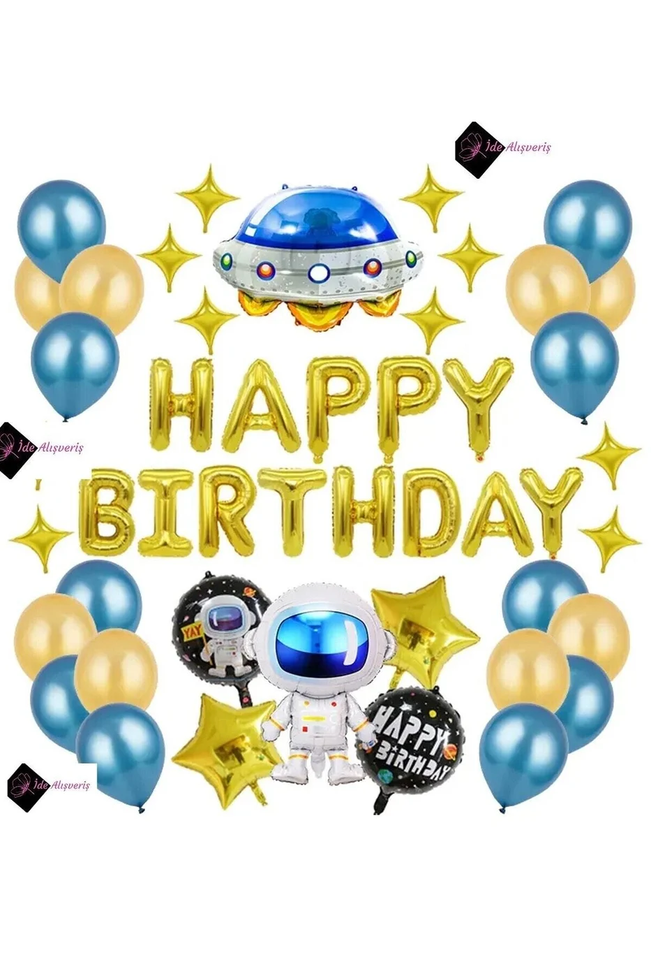 Çocuklar Bebekler için LÜKS UZAY TEMALI KONSEPTLİ HAPPY BİRTHDAY Lüks Doğum Günü Parti Seti