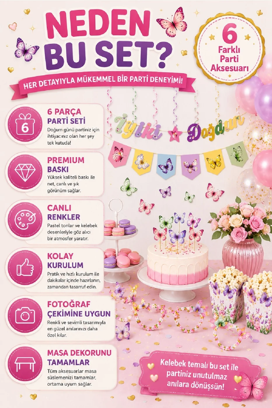 Kelebek Parti Seti 6 Parça | Doğum Günü Süsleri | İyi Ki Doğdun Banner | 3D Gözlük | Pasta Süsü | Mısır Kutusu gorsel 6