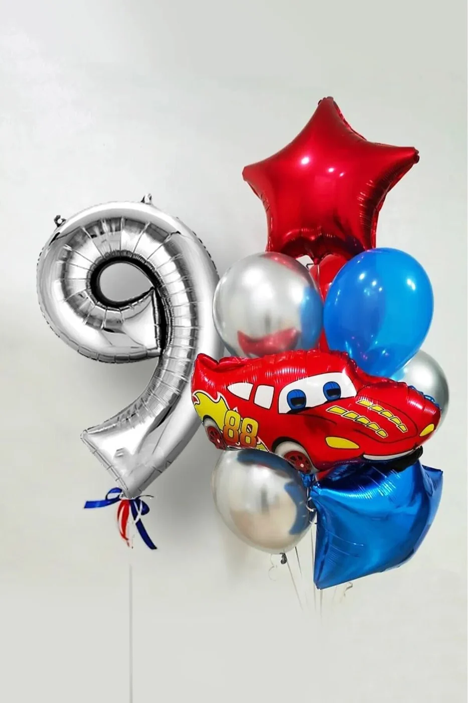 9 Yaş Şimşek Araba Temalı Balon Seti 76cm Gümüş Rakam Balonlu Yıldızlı Set gorsel 3