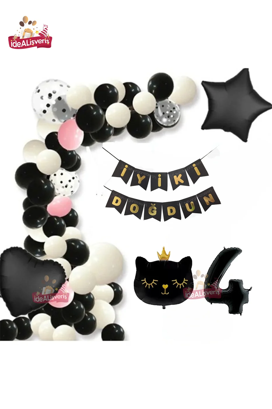 Bannerli 4 Yaş Siyah Kedi Folyolu Kalp Yıldız Siyah Beyaz Konsept Doğum Günü Seti