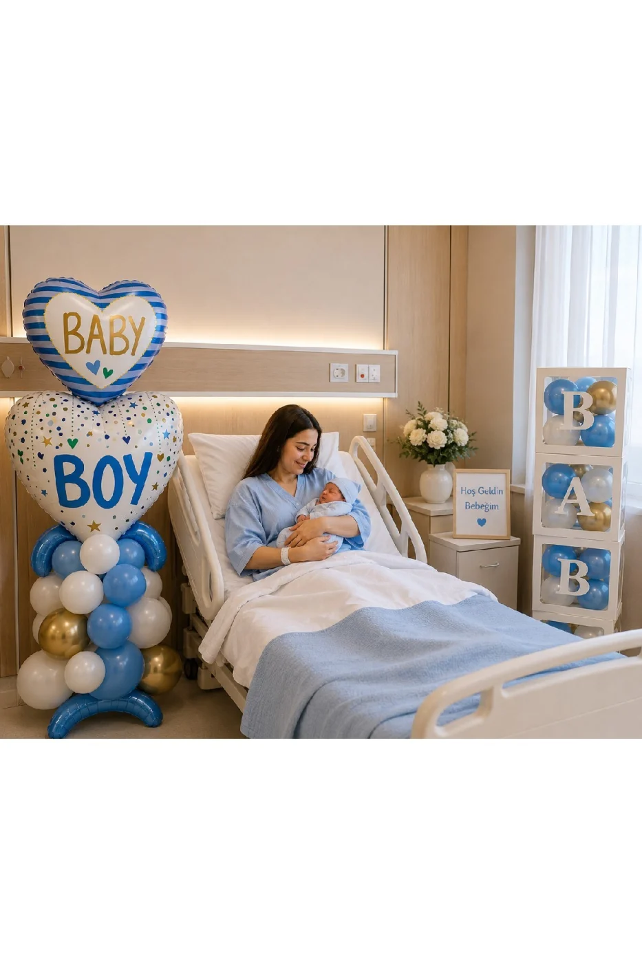 Baby Boy Hastane Odası Süsleme Seti - Balon Standlı Erkek Bebek Hastane Karşılama Dekorasyon Seti - 4'lü BABY Kutu, Balon Zinciri, Folyo Balon gorsel 6