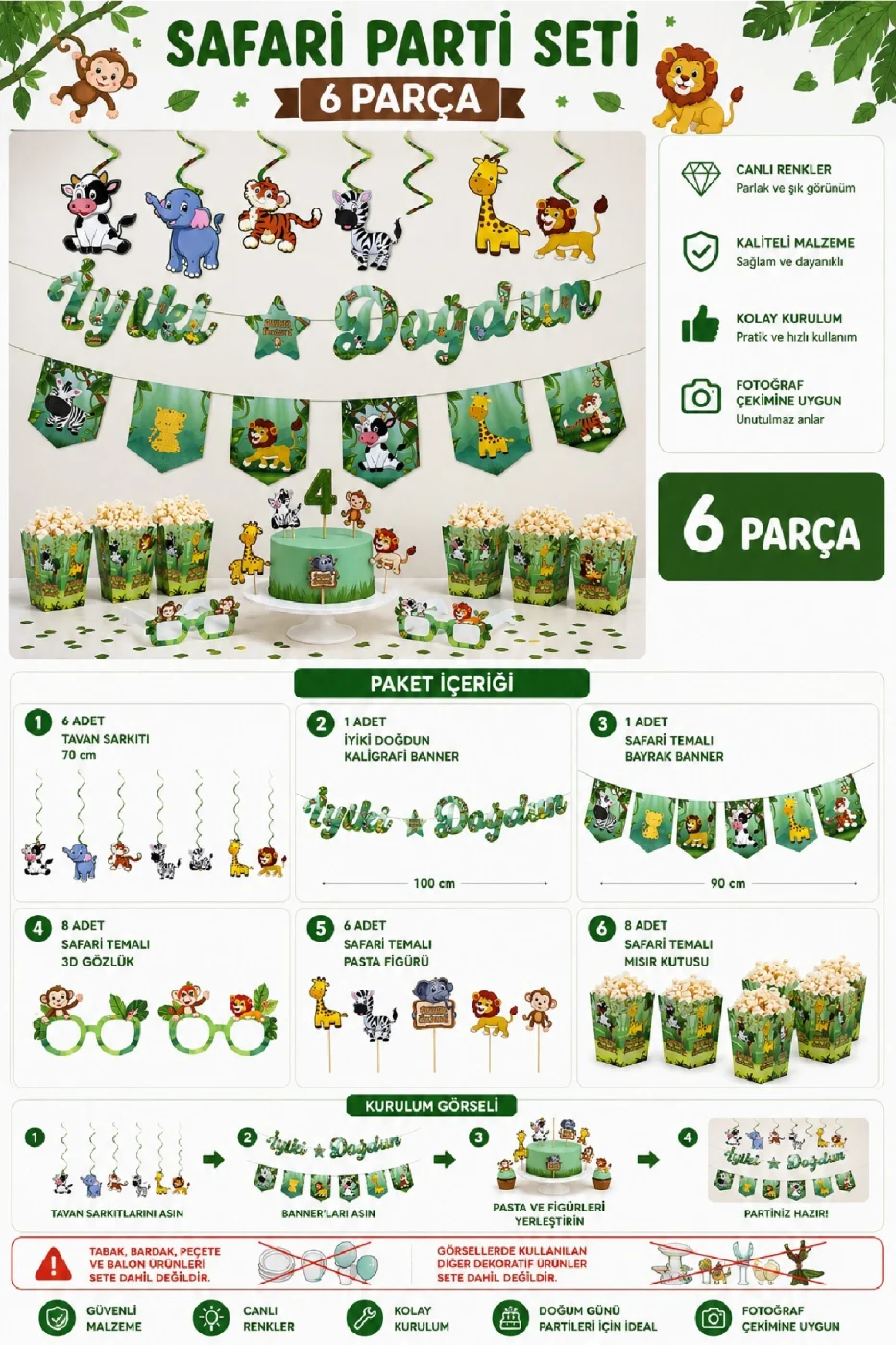 Safari Parti Seti 6 Parça İyi ki Doğdun Doğum Günü Süsleri Jungle Konsept gorsel 5