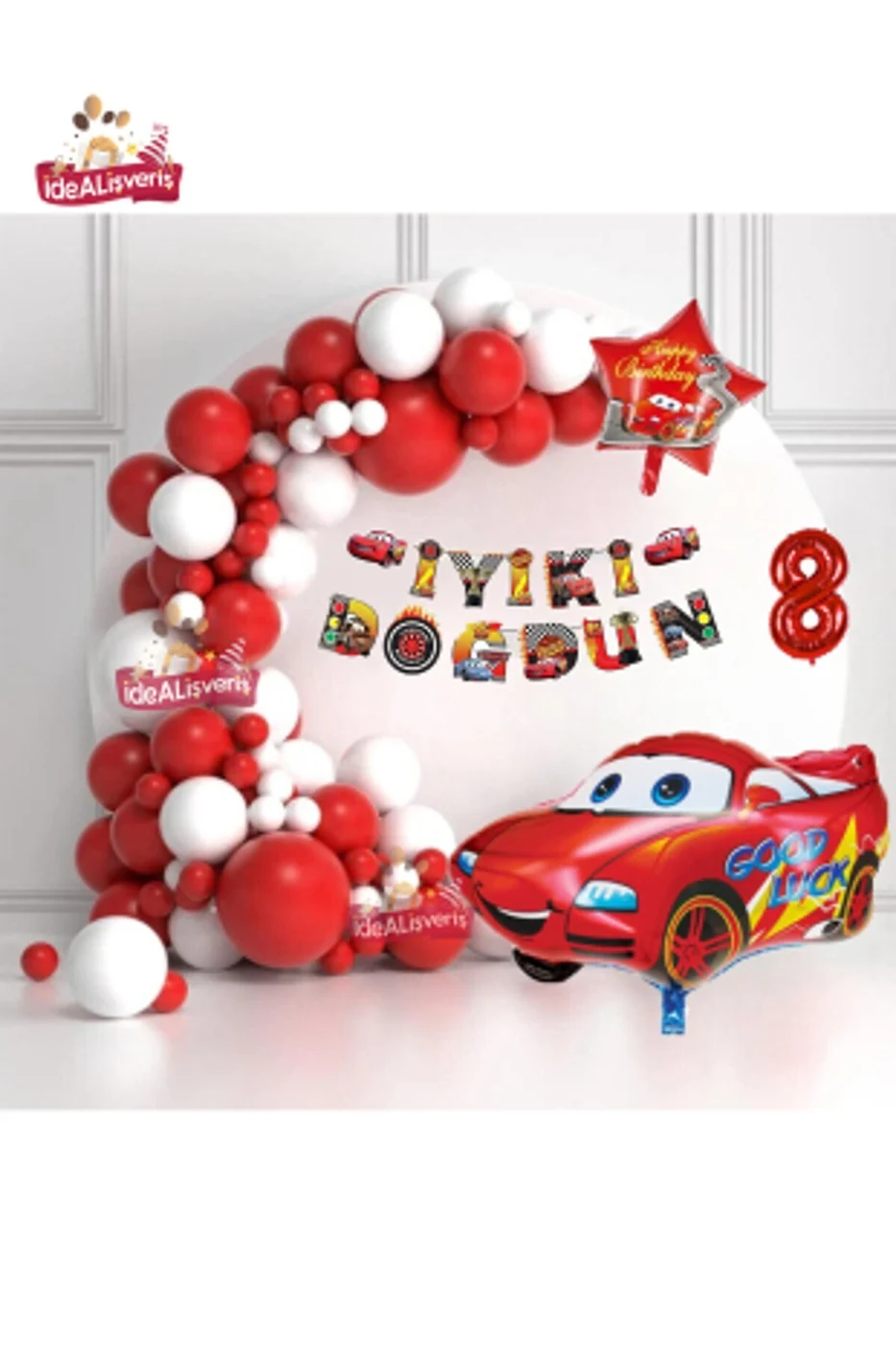Bannerli 8 Yaş 36 cm Kırmızı Araba Yıldız Folyo Balonlu Beyaz Kırmızı Konsept Doğum Günü Parti Seti