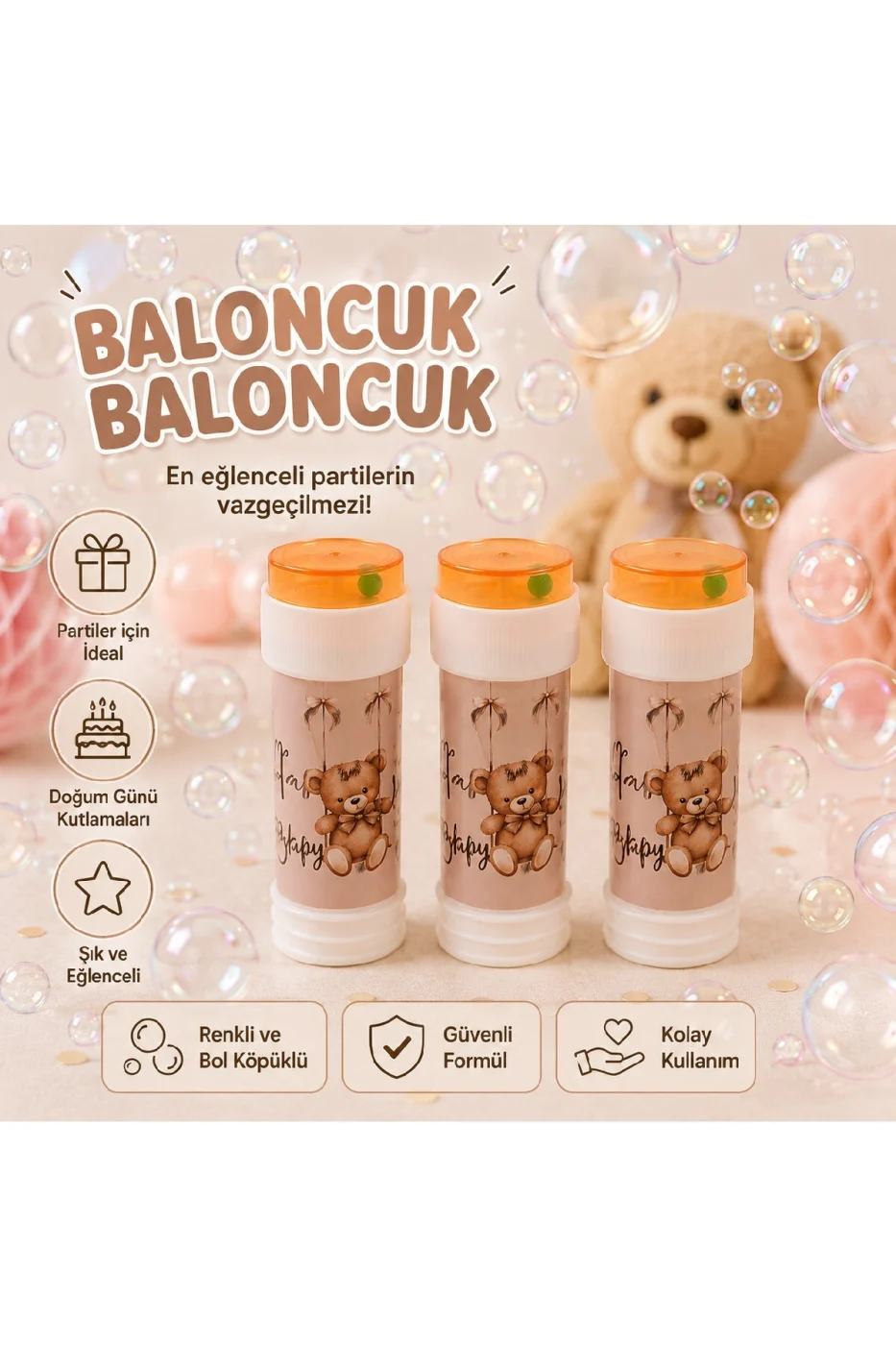 Ayıcıklı Doğum Günü Baloncuk Seti 5'li Köpük Baloncuk Tüpü Parti Hediyeliği Bubble Oyuncağı gorsel 4