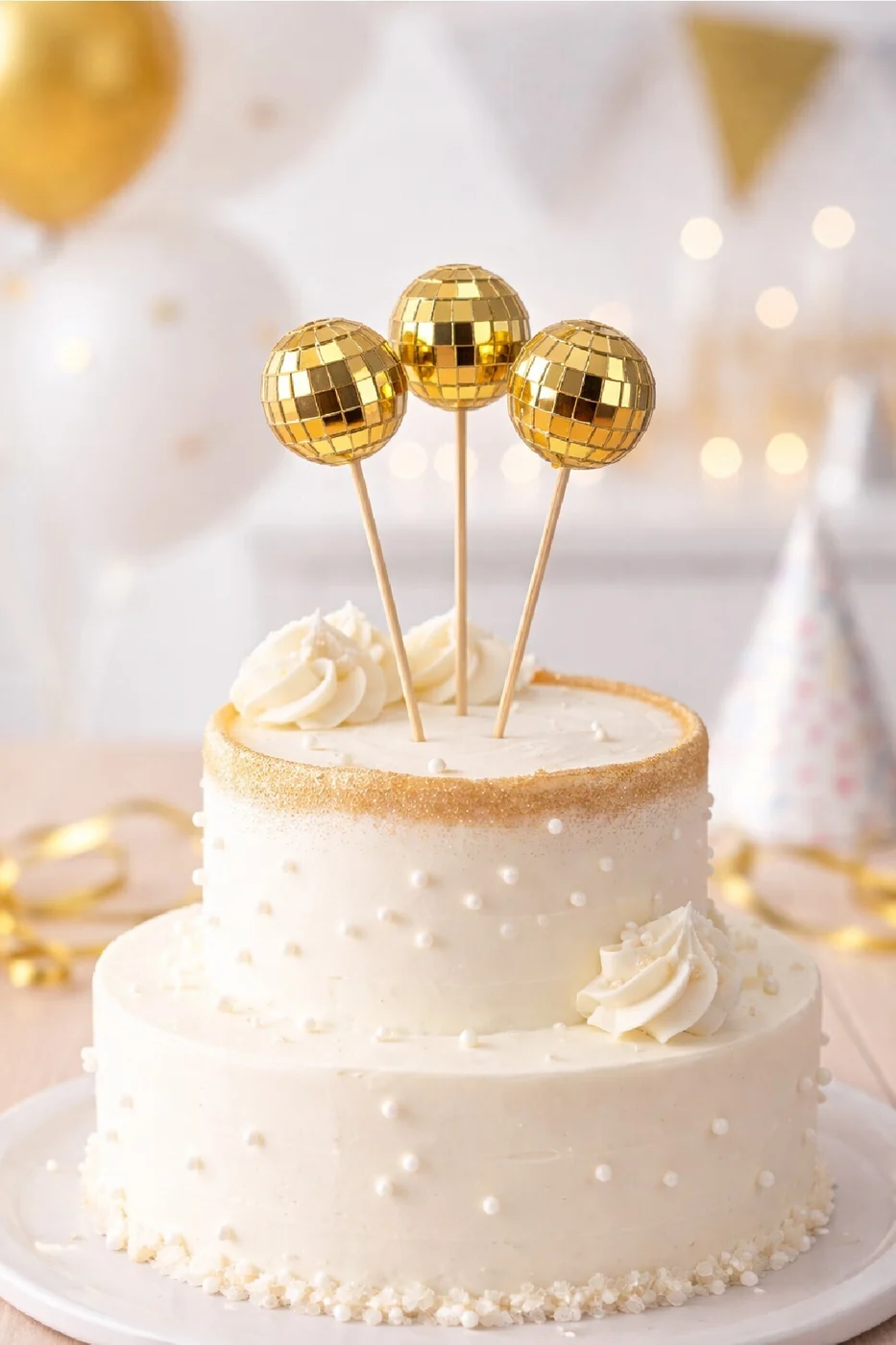 Gold Gümüş Disko Top Pasta Süsü (3’lü) – Şık Parti Cake Topper Pasta Süsü