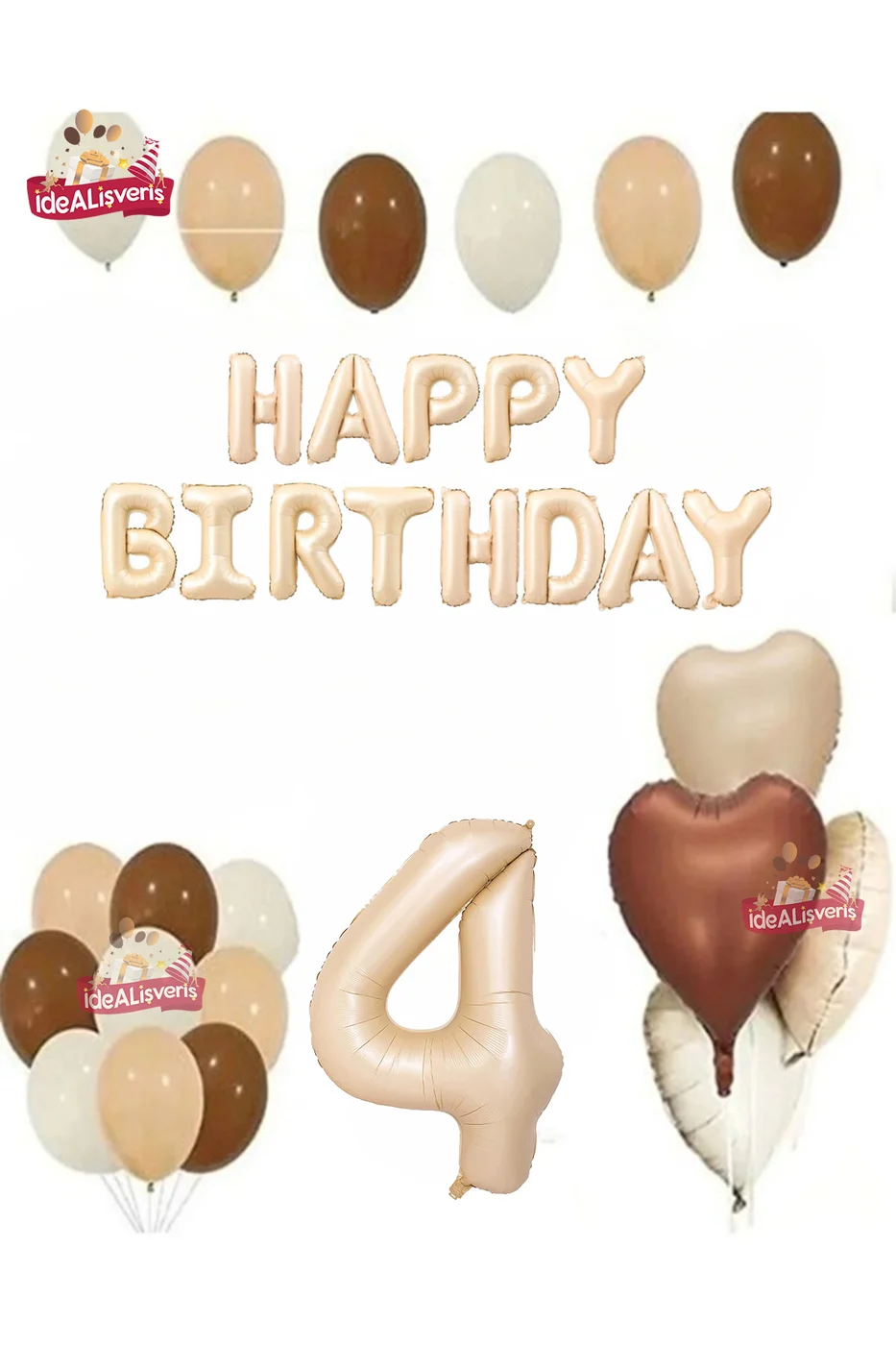 Happy Birthday 4 Yaş Bej Folyo Balon Kahverengi Beyaz Bej Doğum Günü Parti Seti