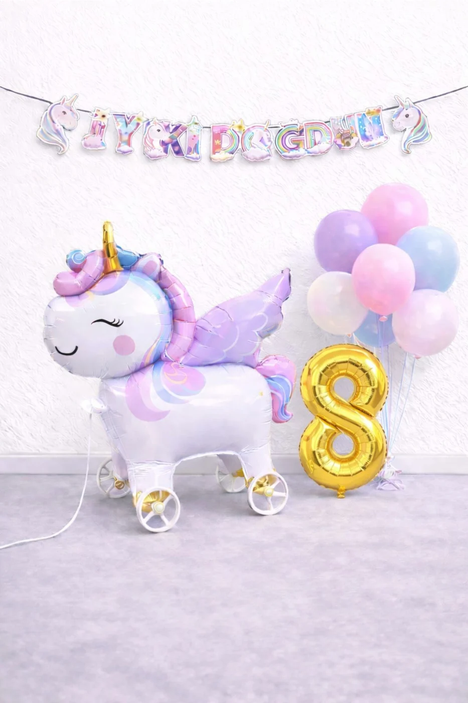 Mini Tekerlekli Unicorn Balonlu Karışık Balonlu Doğum Günü Seti Gold Rakamlı Parti Seti Süsü