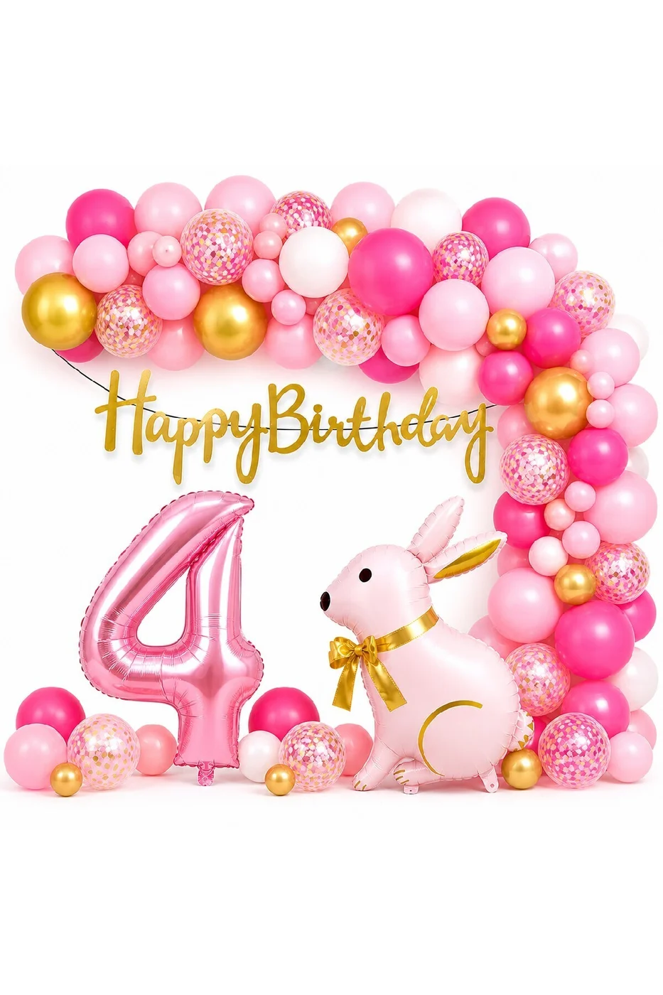 Pembe Tavşan Doğum Günü Seti 1-9 Yaş – Gold Balon Zinciri Happy Birthday Banner Parti Konsepti