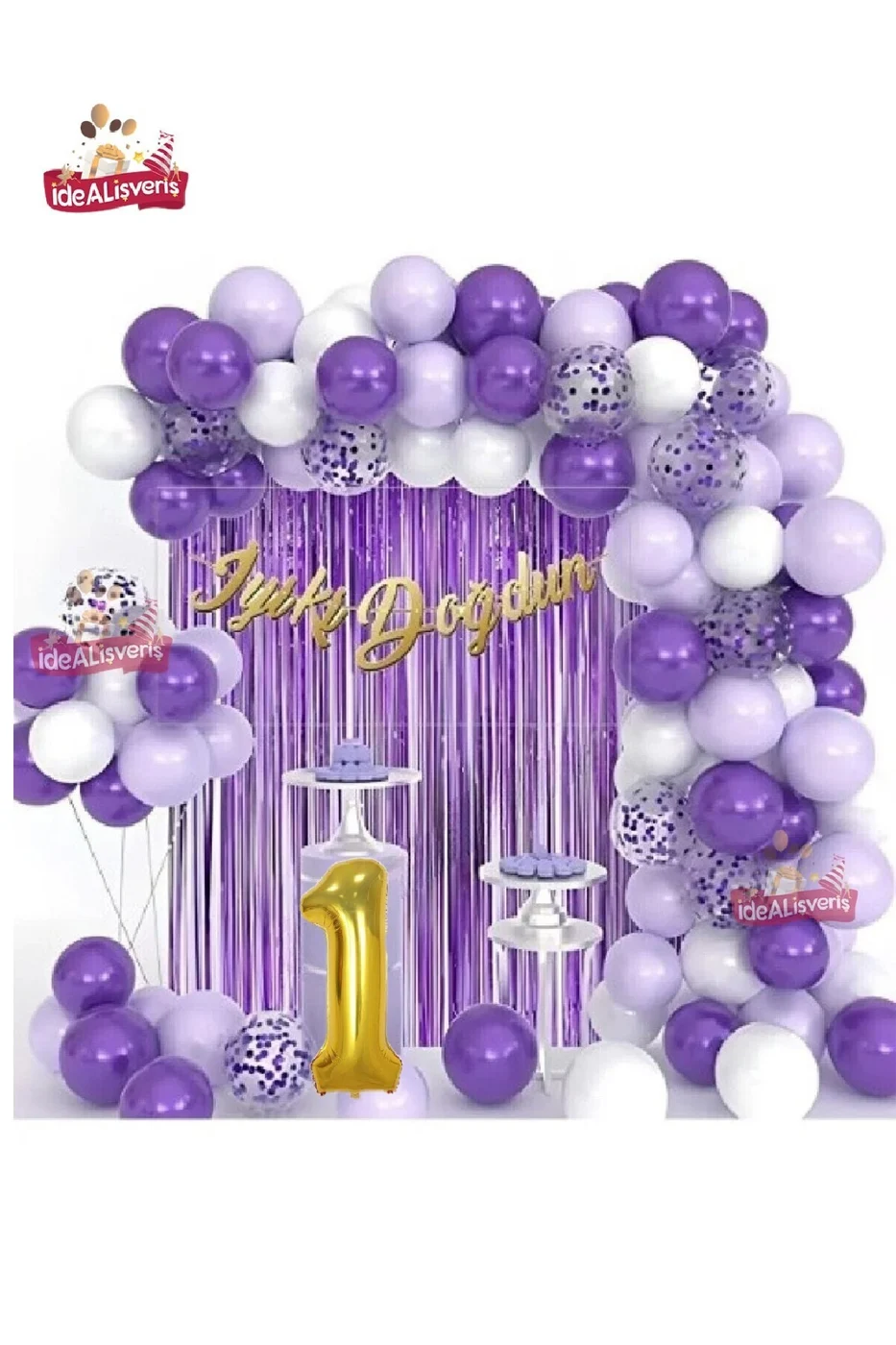 Lüks Mor Lila Beyaz Gold Yaş Folyolu Doğum Günü Balon Zincir Seti gorsel 3