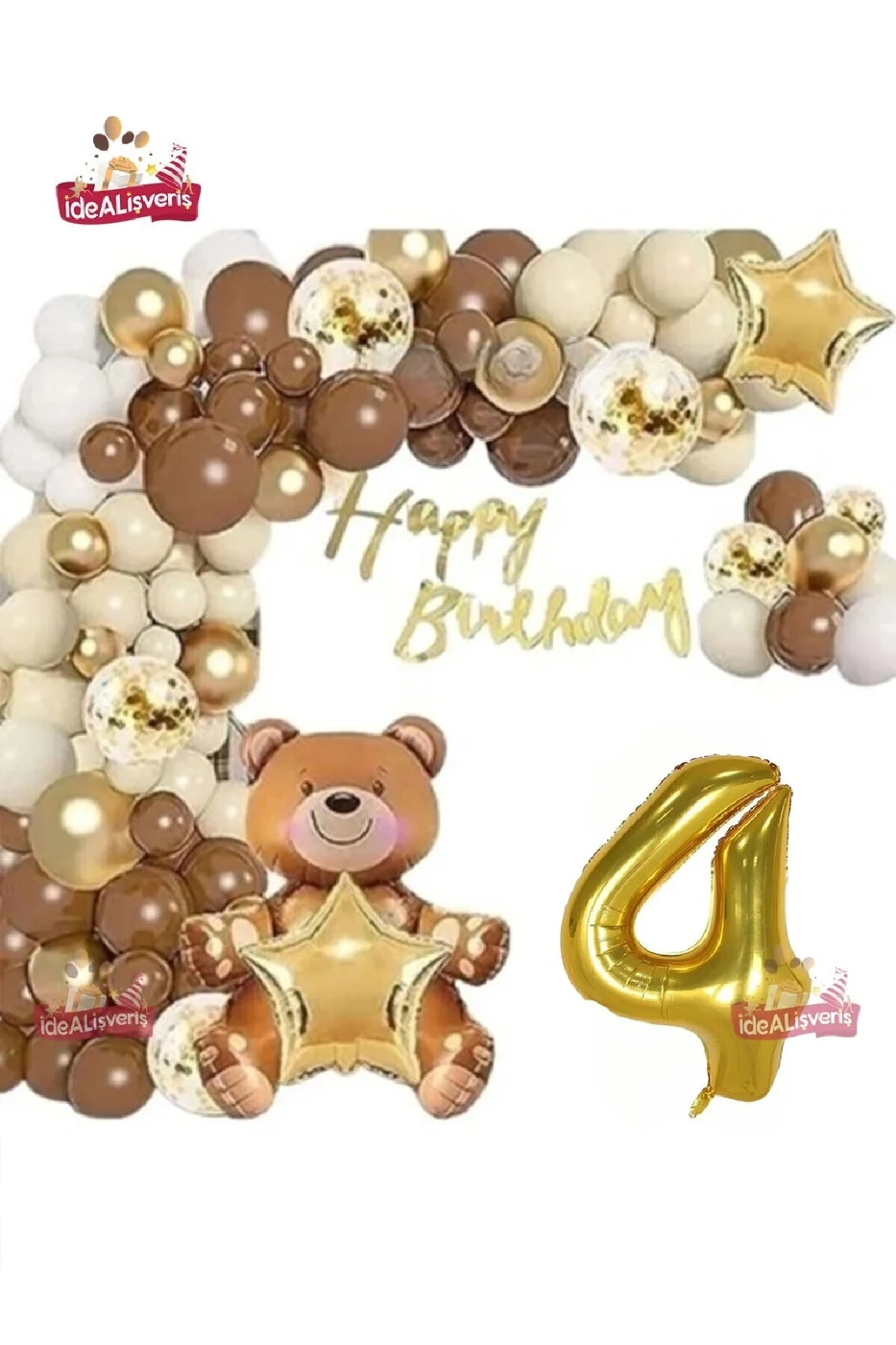 LÜKS KAHVERENGİ OTURAN AYI 4 YAŞ BALON SETİ DOĞUM GÜNÜ SÜSÜ PARTİ SETİ gorsel 3