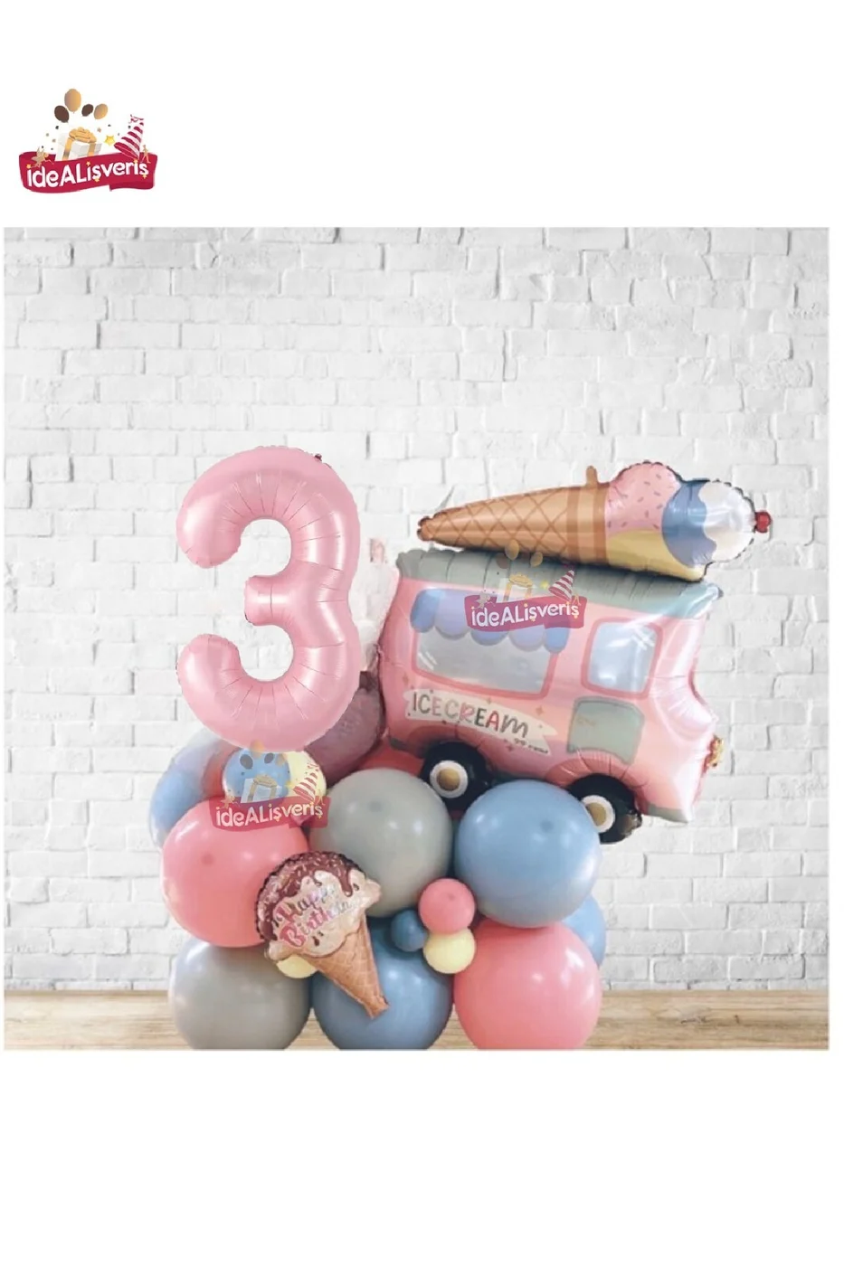 Büyük Dondurma Kamyonu Pembe 3 Yaş Folyolu Çok Tatlı Balon Yığını,Doğum Günü Parti Seti Süsü gorsel 4