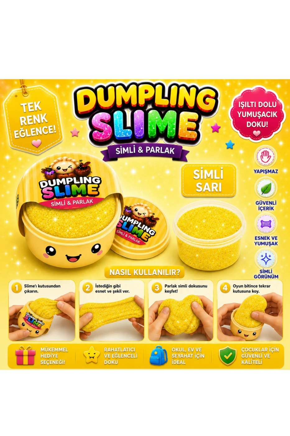 Dumpling Slime Simli Oyun Hamuru Tekli | Glitter Slime | Esnek Yumuşak Doku | Kapaklı Kutu | 6 Renk Seçeneği