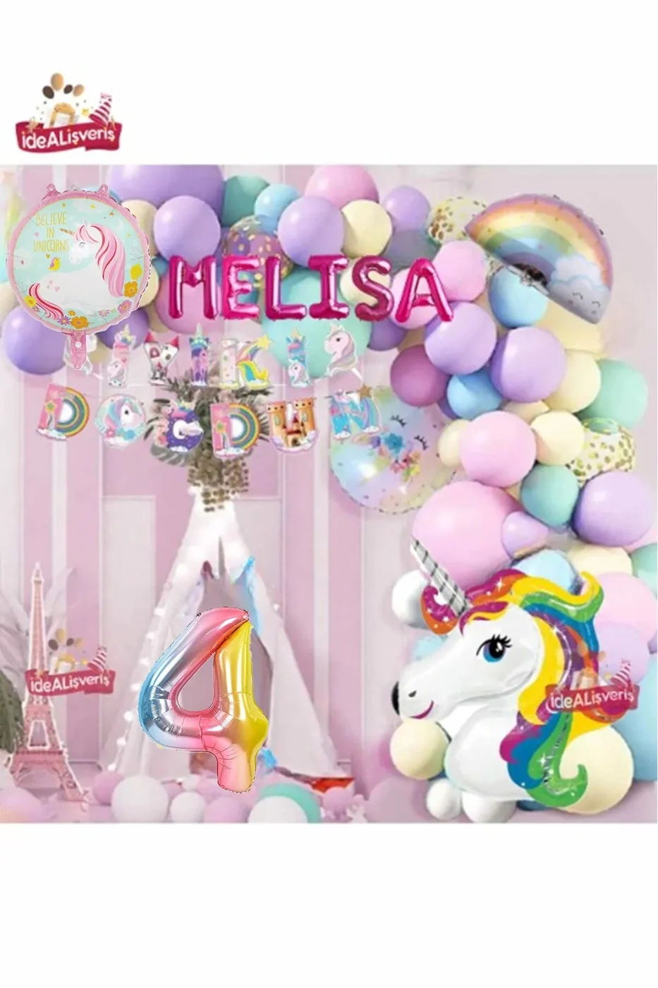 6 Harfli Yaş Unicorn Temalı Iyi Ki Doğdun Makaron Balon Doğum Günü Parti Kutlama Seti Süsü gorsel 5