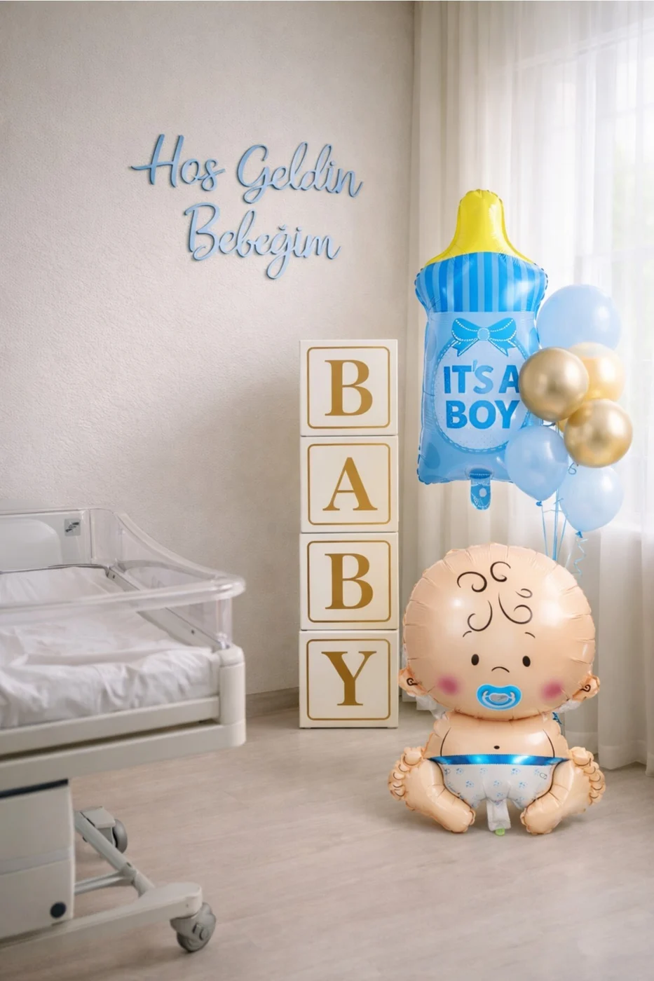 YENİ DOĞAN KARŞILAMA BABY SHOWER HASTANE ODA SÜSLEME ERKEK BEBEK BALON DEMETİ SÜSLEME SETİ