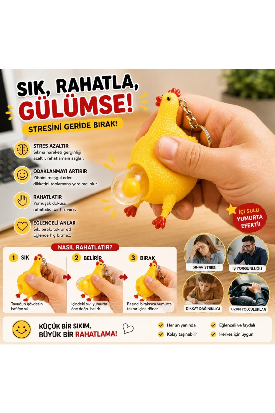 Yumurtlayan Tavuk Anahtarlık Sıkmalı Stres Oyuncağı Squishy Komik Hediyelik Oyuncak gorsel 4