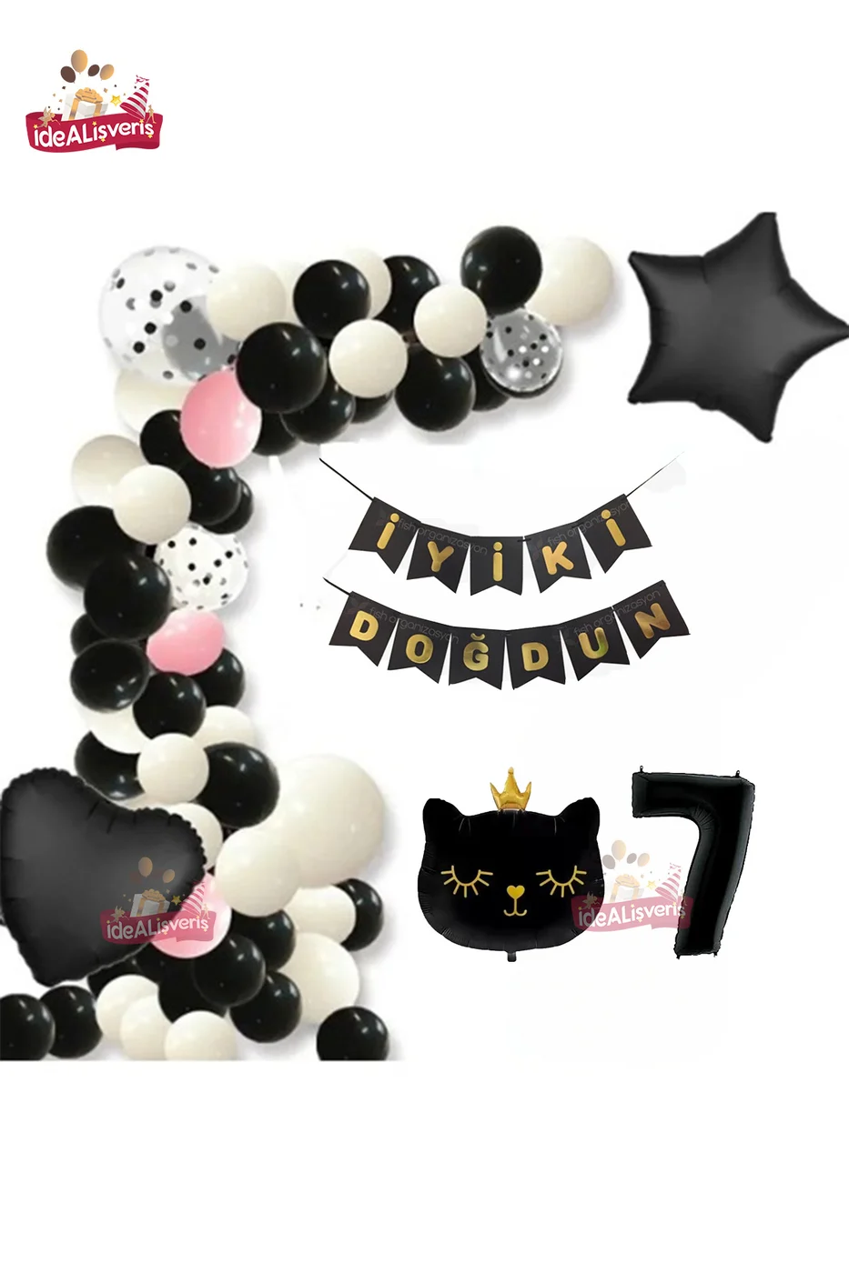 Bannerli 7 Yaş Siyah Kedi Folyolu Kalp Yıldız Siyah Beyaz Konsept Doğum Günü Seti