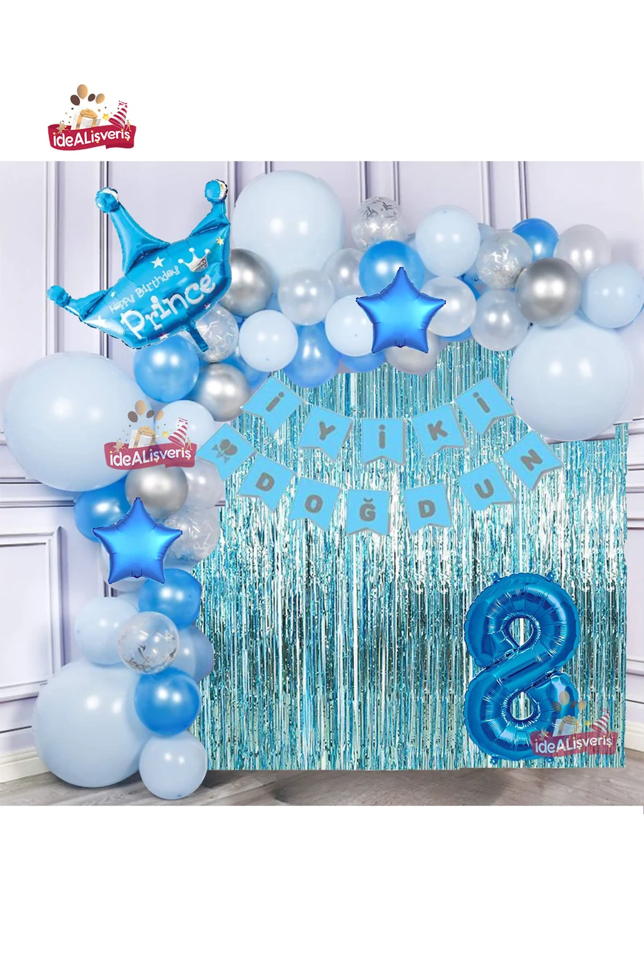Yıldızlı Mavi Gümüş Konseptli 8 Yaş Prens Taçlı Doğum Günü Balon Zincir Seti