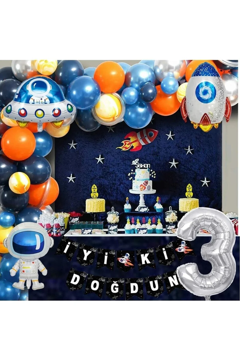 Uzay Temalı Doğum Günü Seti 3 Yaş; 4 Adet Folyo, 50 Lateks Balon, Banner, Balon Zinciri, Balon Bandı gorsel 2