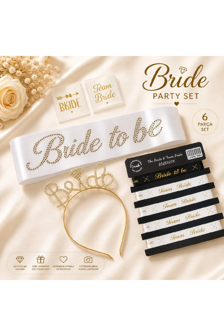 Bride To Be Bekarlığa Veda Seti 5 Parça – Taşlı Kuşak, Taşlı Metal Taç, Bileklik ve Dövme Seti Beyaz Gold gorsel 4