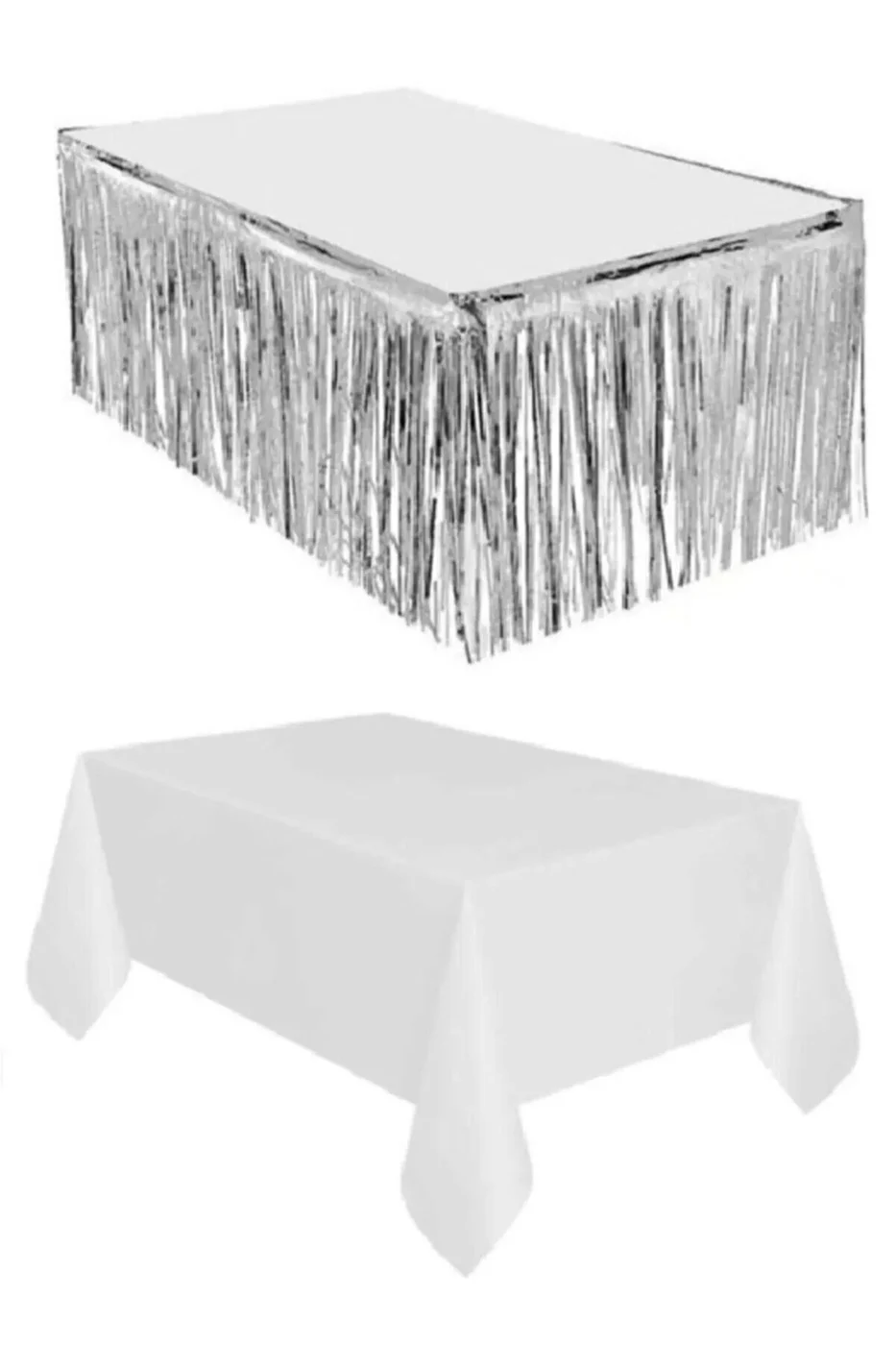 Gümüş Metalize Masa Eteği 90×350 Cm Tek Kullanımlık Plastik Beyaz Masa Örtüsü 120×180 Cm gorsel 2