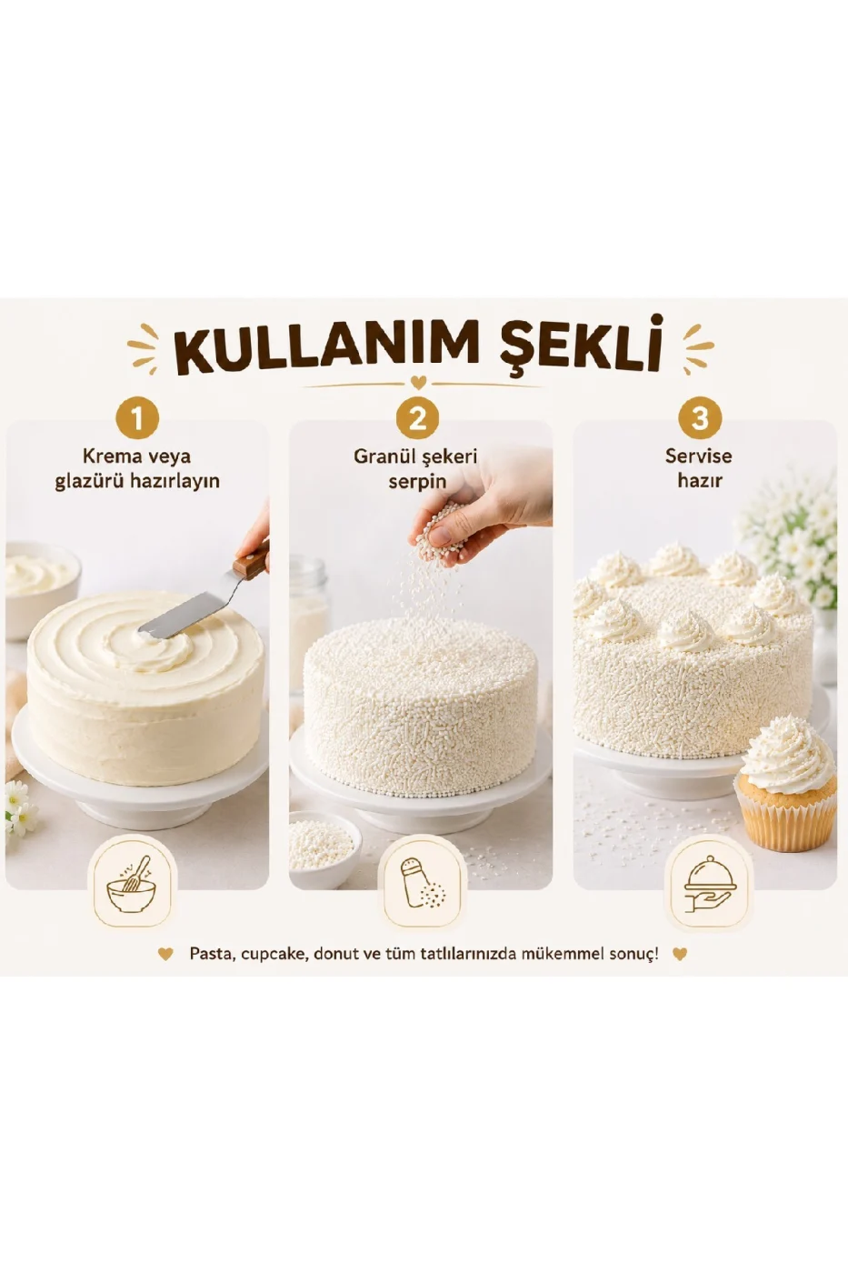 🌟 Beyaz Granül Pasta Süsü 200 Gr | Pasta, Cupcake, Donut, Kurabiye ve Tatlı Süsleme Şekeri gorsel 4
