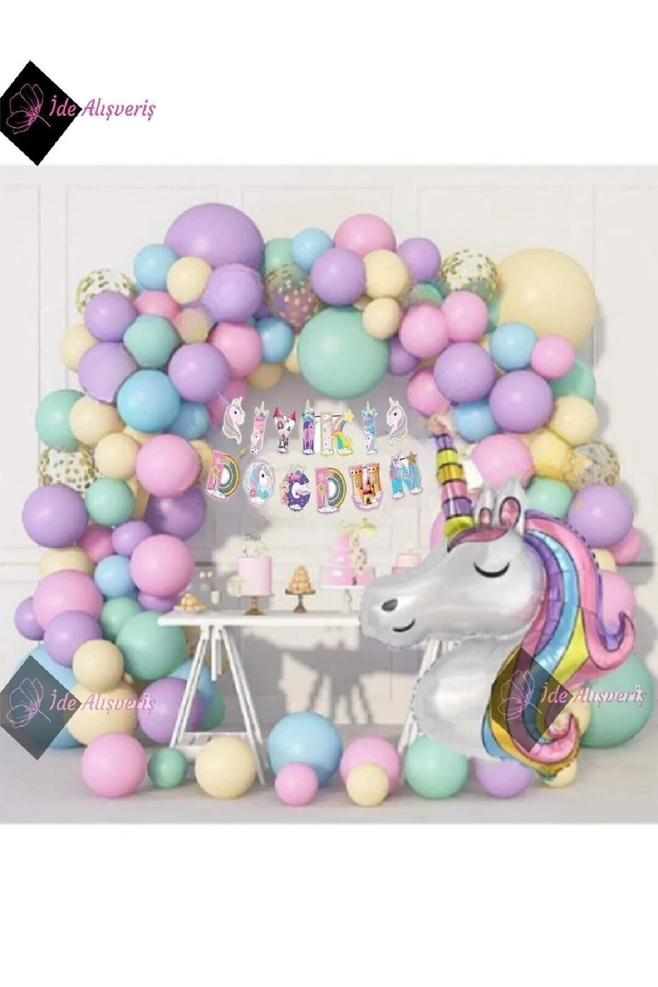 Karışık Balonlu Unicorn karakterli Uzar YazılıLüks Doğum Günü Parti Seti gorsel 2