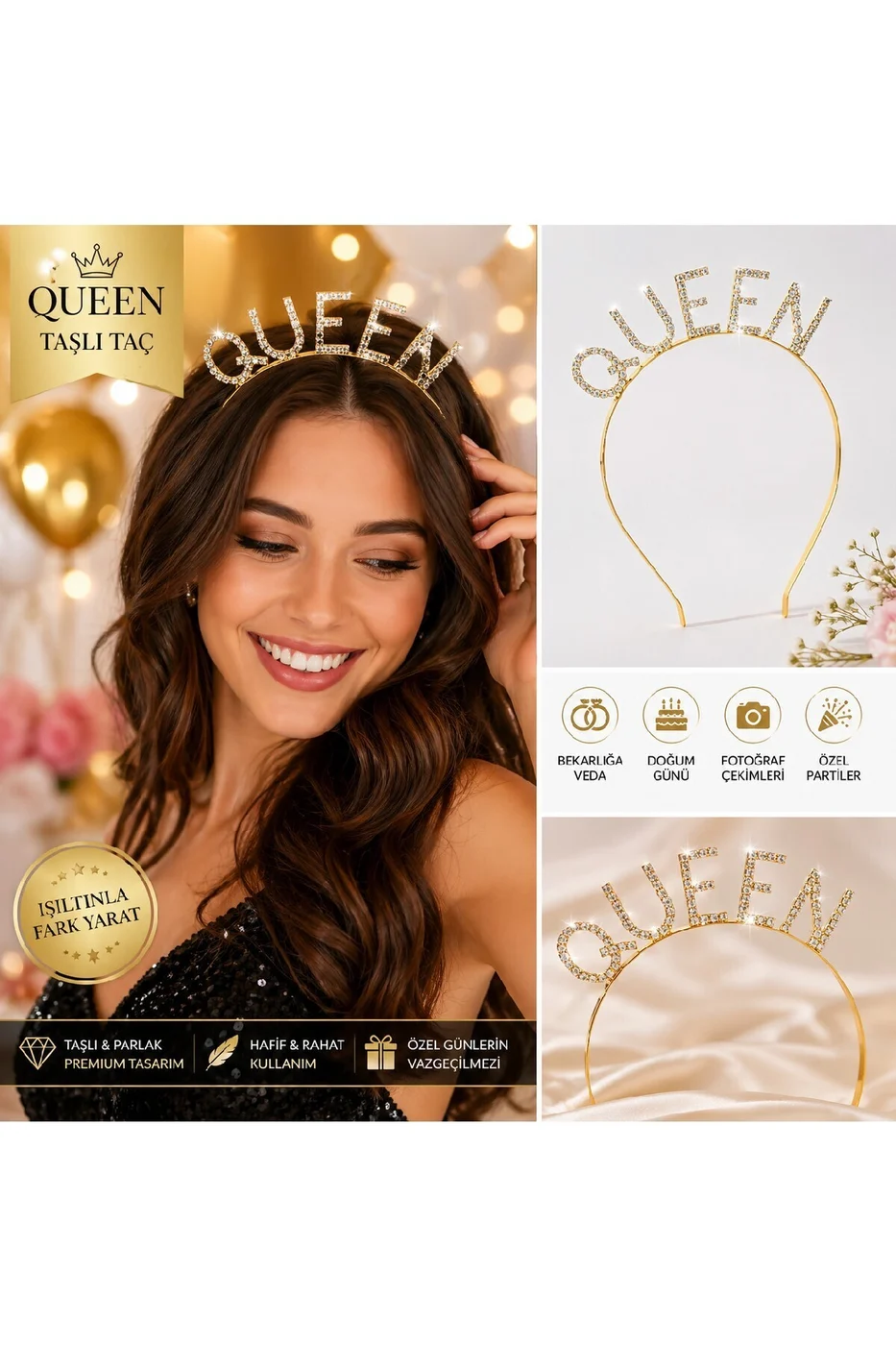 Queen Taşlı Taç Gold – Bekarlığa Veda & Doğum Günü Parti Tacı gorsel 4