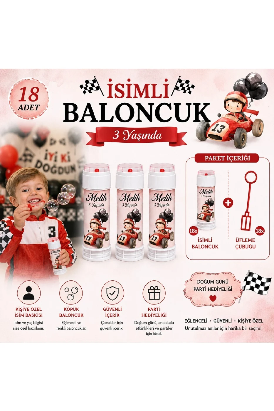 Kişiye Özel İsimli Baloncuk 18 Adet – Formula Temalı Doğum Günü Parti Hediyeliği Köpük Baloncuk Seti gorsel 3