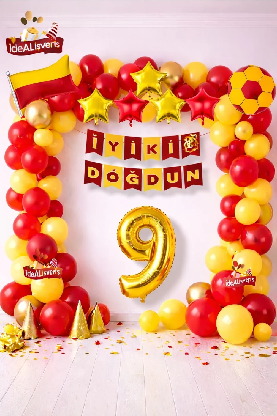 Sarı Kırmızı Bayrak Yıldız Yaş Balonlu İyiki Doğdun Doğum Günü Balon Süsleme Seti Parti Dekorasyonu