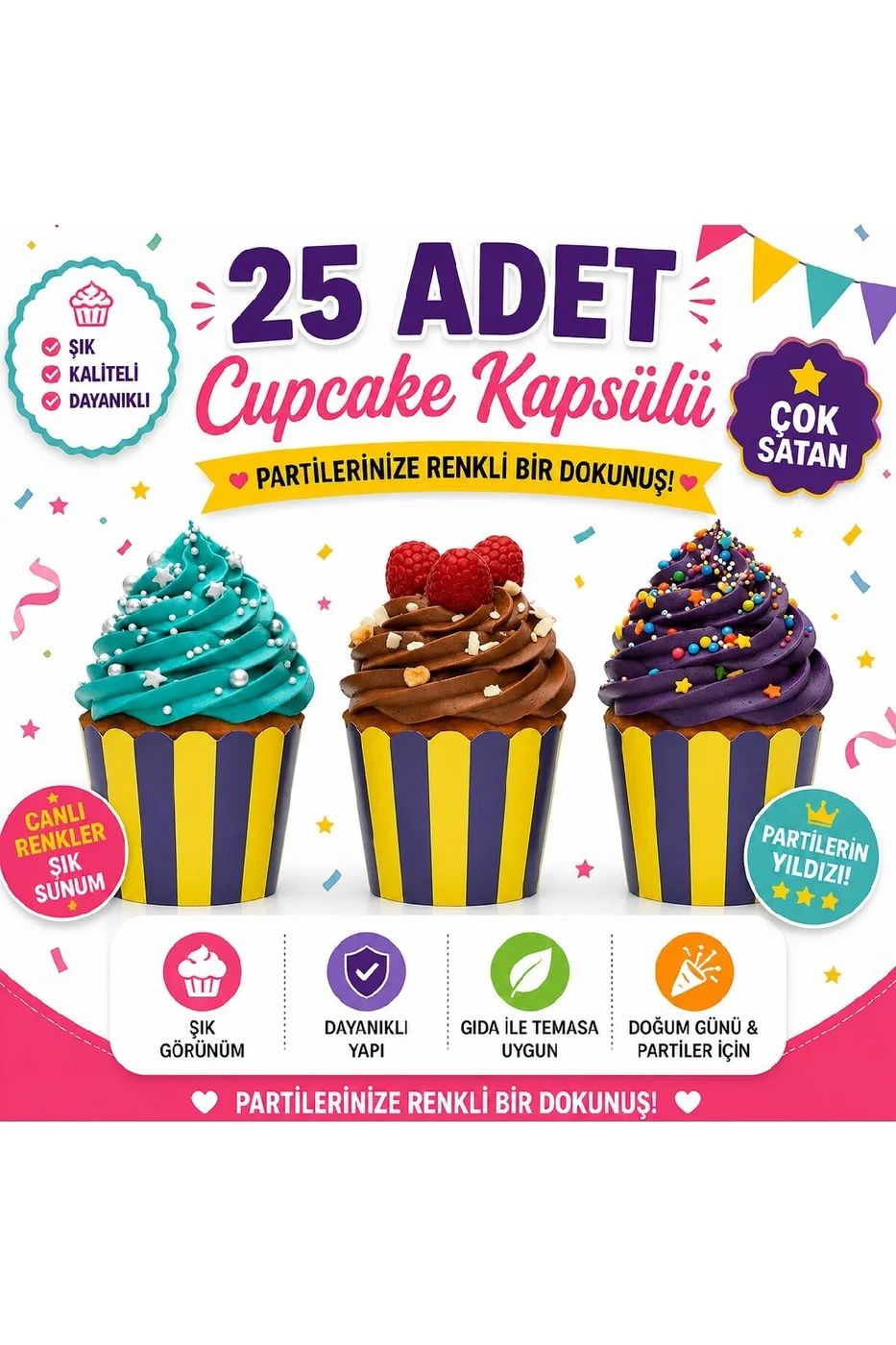 Temalı Desenli Cupcake Kapsülü 25’li – Şık Parti Muffin Kağıdı