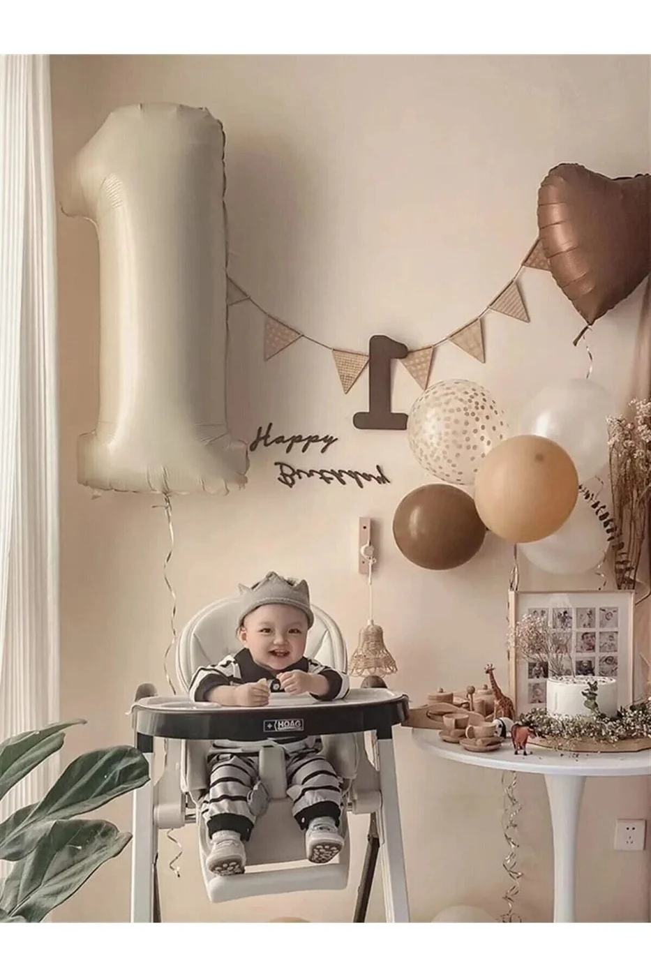 10 Adet Balonlu Kahverengi Kalp Folyolu ,Krem 1 Rakam Folyo Balon gorsel 3