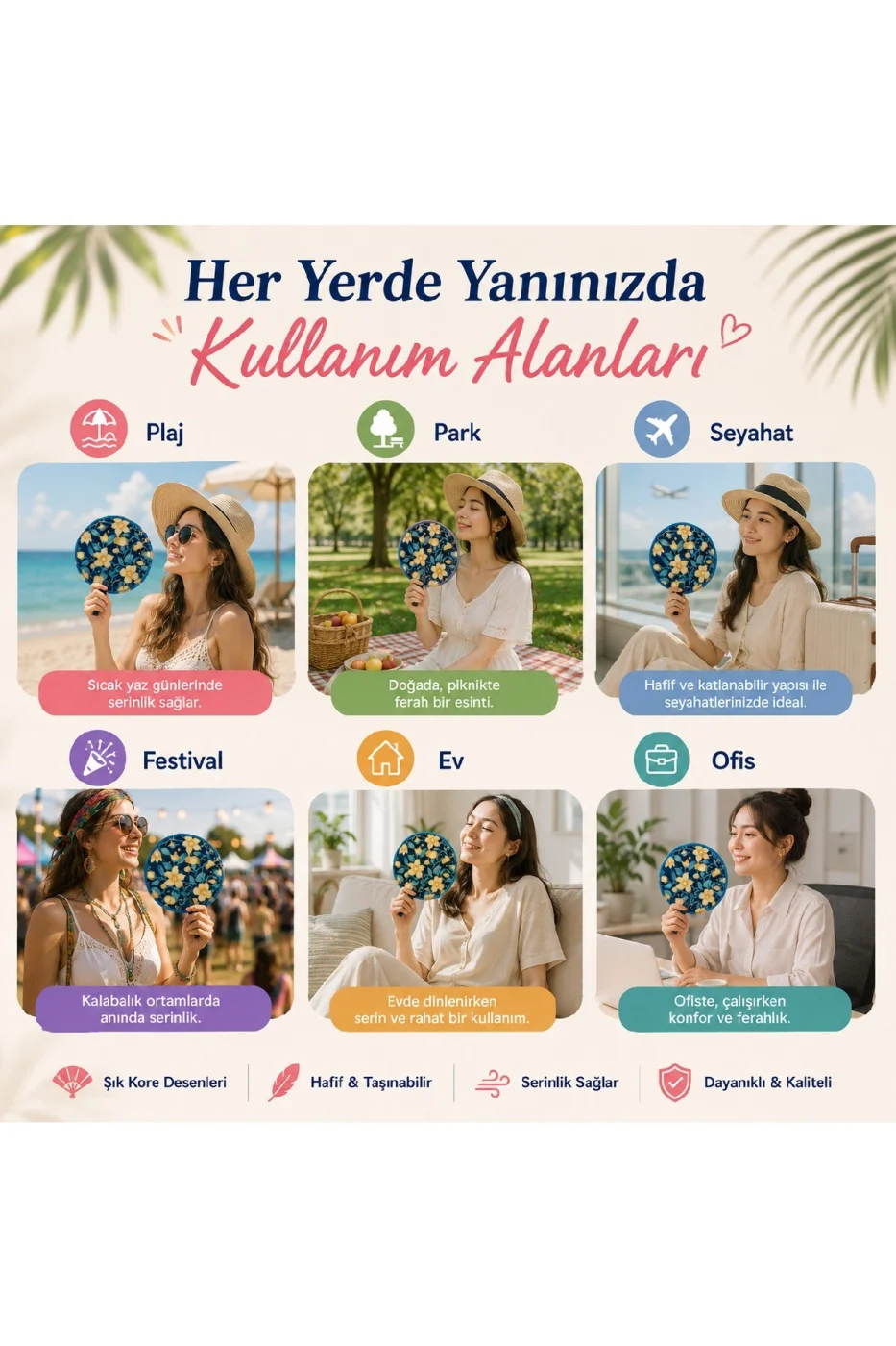 Kore Desenli Katlanır El Yelpazesi | Yazlık Serinletici Yelpaze | Hafif Taşınabilir | Çanta Boy | 4 Desen Seçeneği gorsel 5