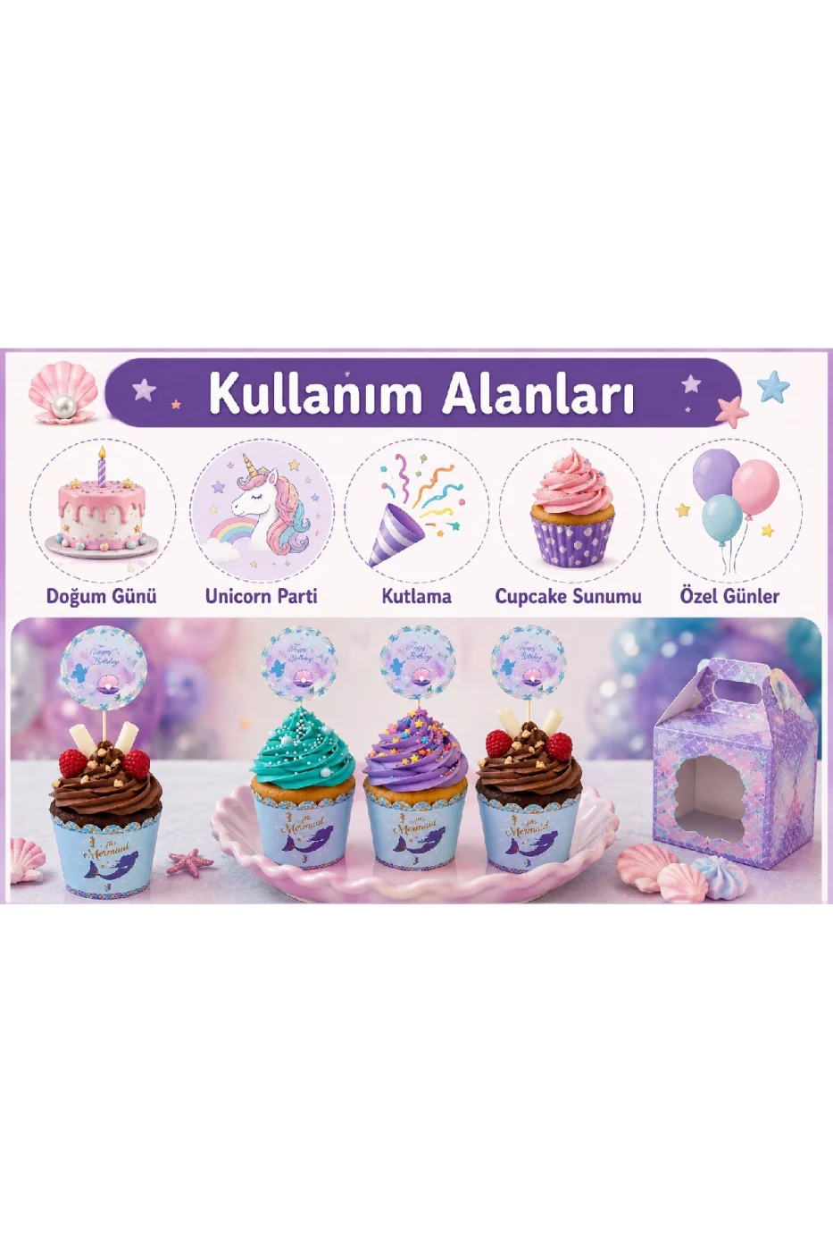 Deniz Kızı Mermaid Cupcake Süsleme Seti 8 Cupcake Kalıbı + 8 Kürdan Süs Doğum Günü Parti Malzemeleri gorsel 5