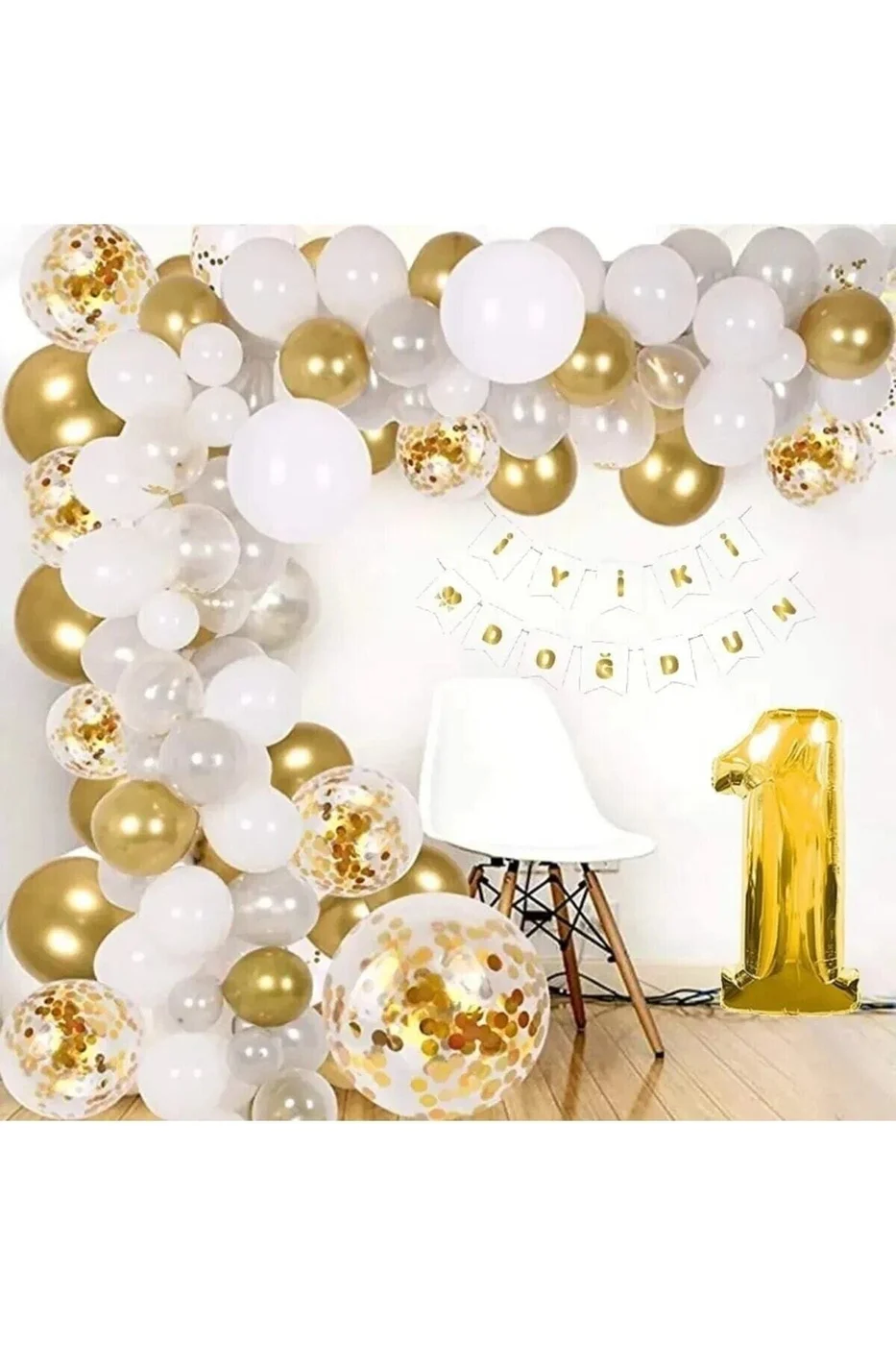 Beyaz Üzeri Gold 1 Yaş Balon Zinciri Seti Gölge Altın Balon Dekorasyon gorsel 2