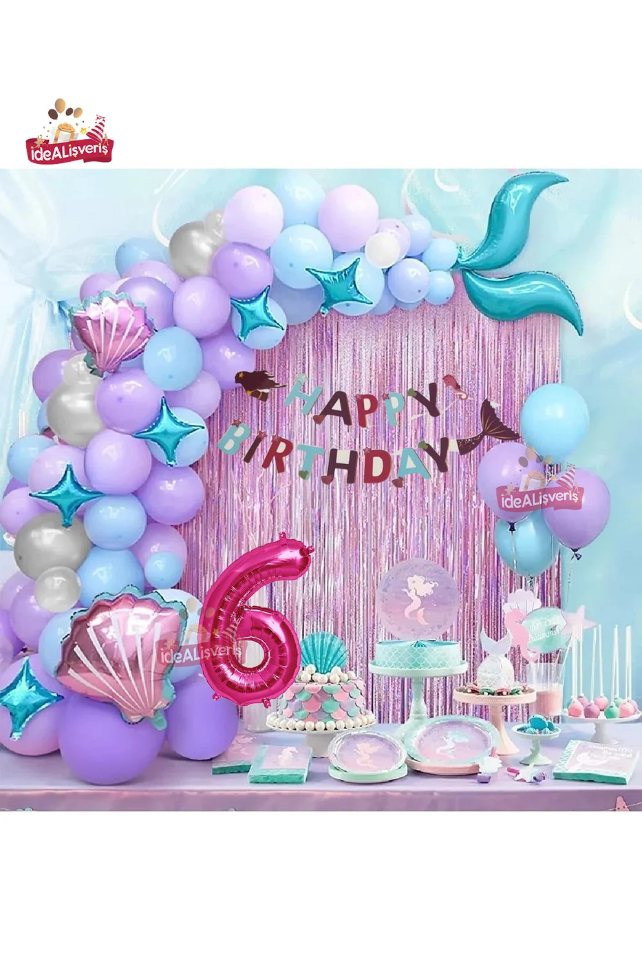 6 Yaş Deniz Kızı Banner Balon Mavi Mor Balonlar Folyo Saçak Perde Seti Doğum Günü Parti Süsü