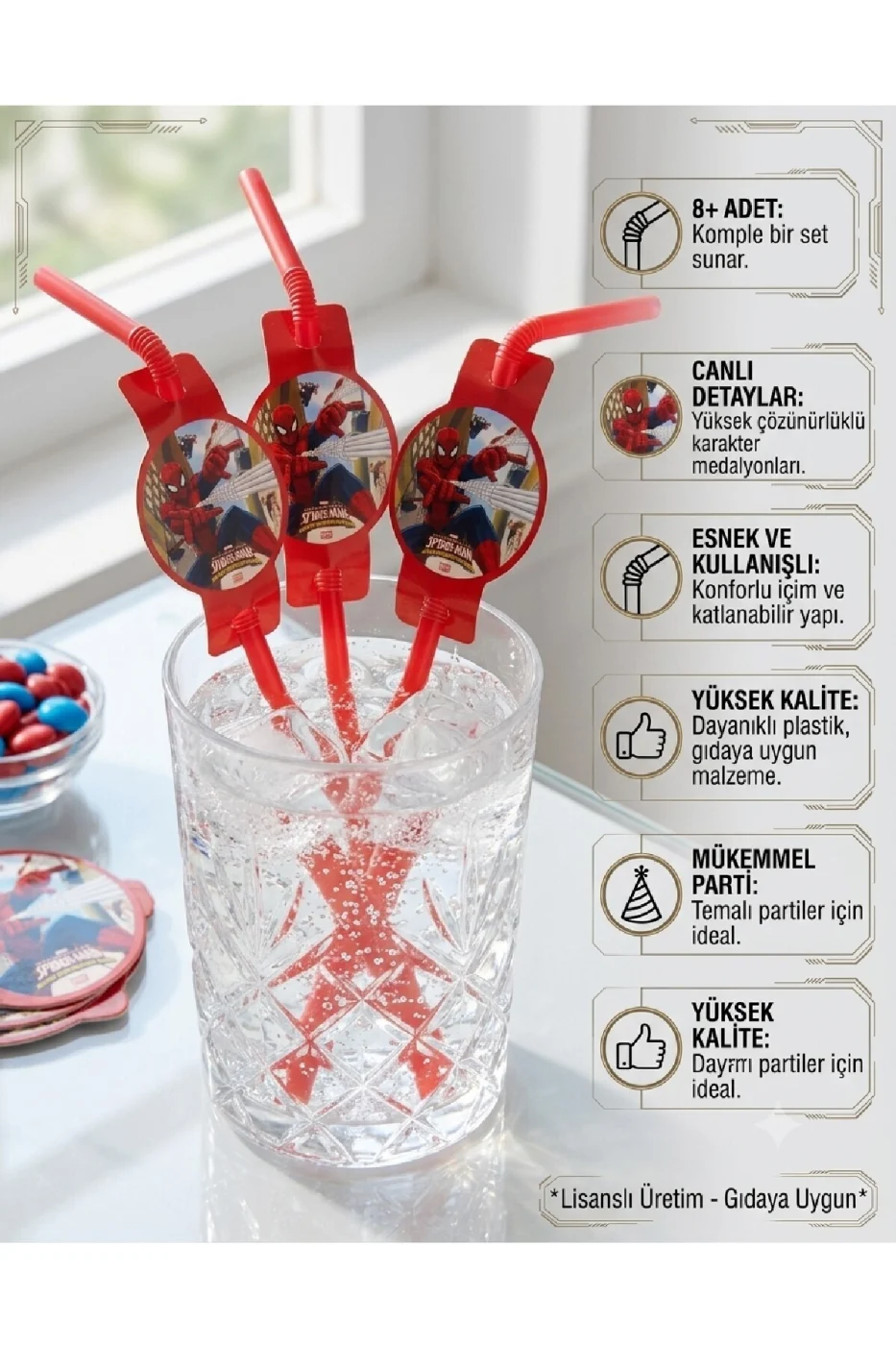 Premium Örümcek Adam Spider-Man Karakterli Lüks Parti Pipeti Gıdaya Uygun 8'li Set gorsel 3