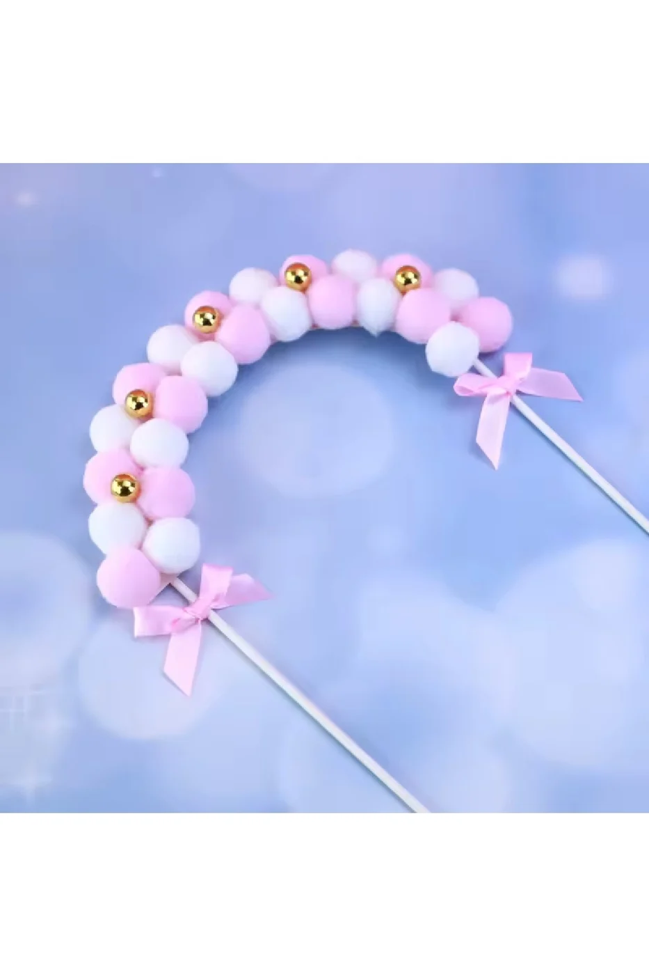 Pasta Kek Dekorasyon Pembe Beyaz Tüy Topu Kemer Balon Kek Toppers Doğum Günü Partisi Dekor Süsü