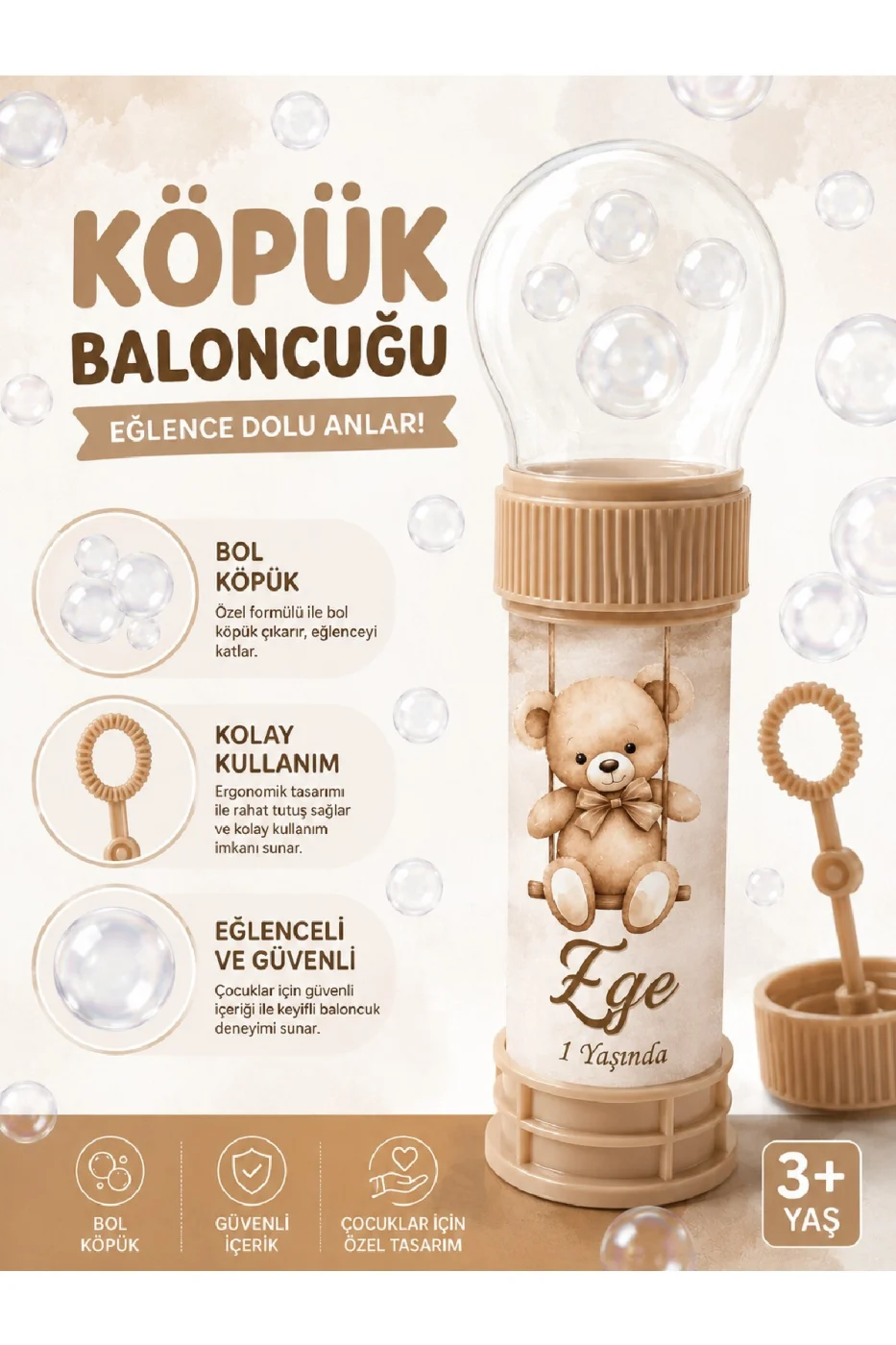 Kişiye Özel İsim Baskılı Köpük Baloncuk Bubble Oyuncağı Doğum Günü Parti Hediyeliği Ayıcıklı Tasarım 3+ Yaş