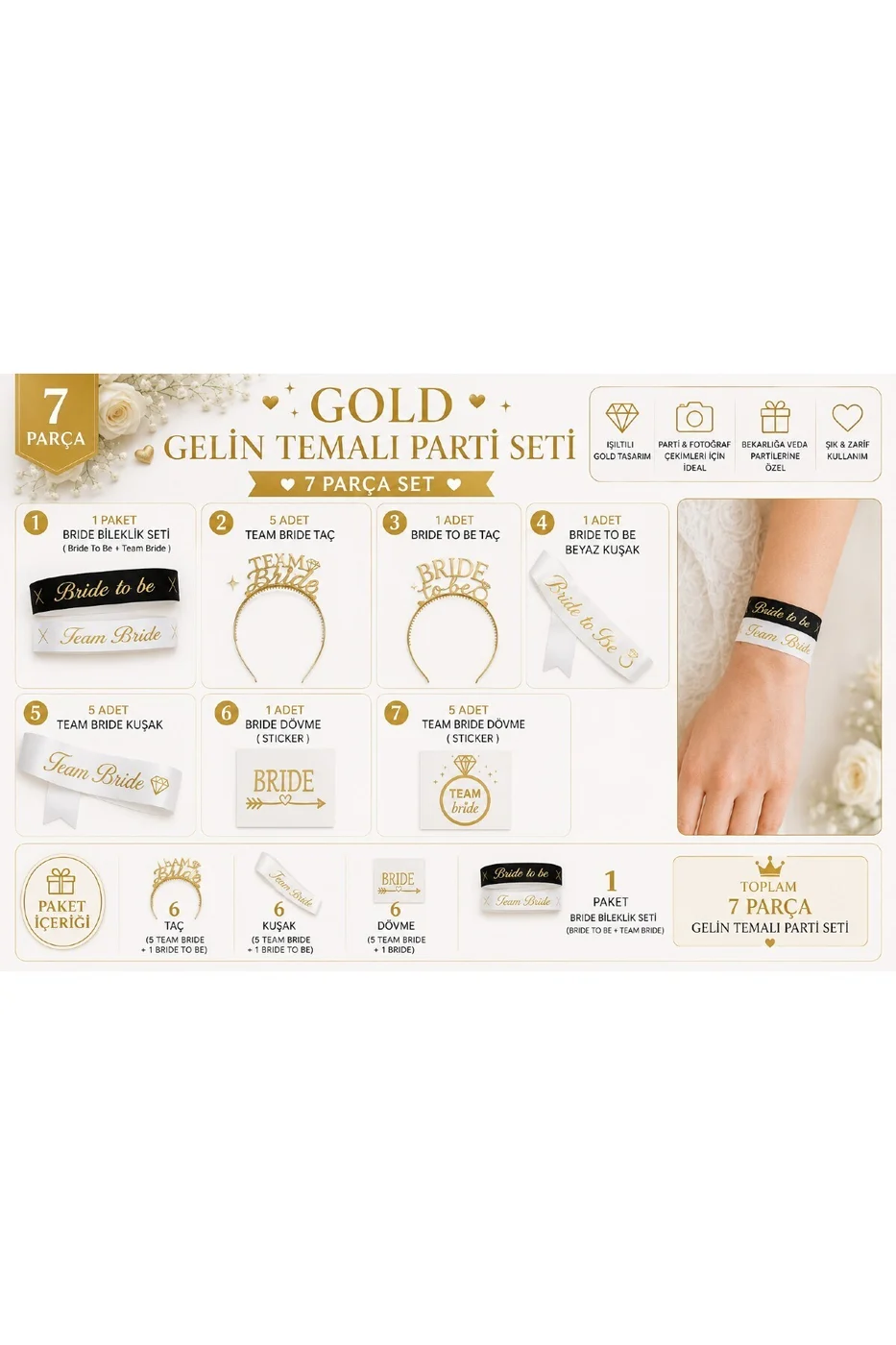 Bride Team Bride 7 Parça Bekarlığa Veda Parti Seti | Bride To Be Taç ve Kuşak, Team Bride Taç, Kuşak, Bileklik ve Dövme Organizasyon Seti gorsel 4