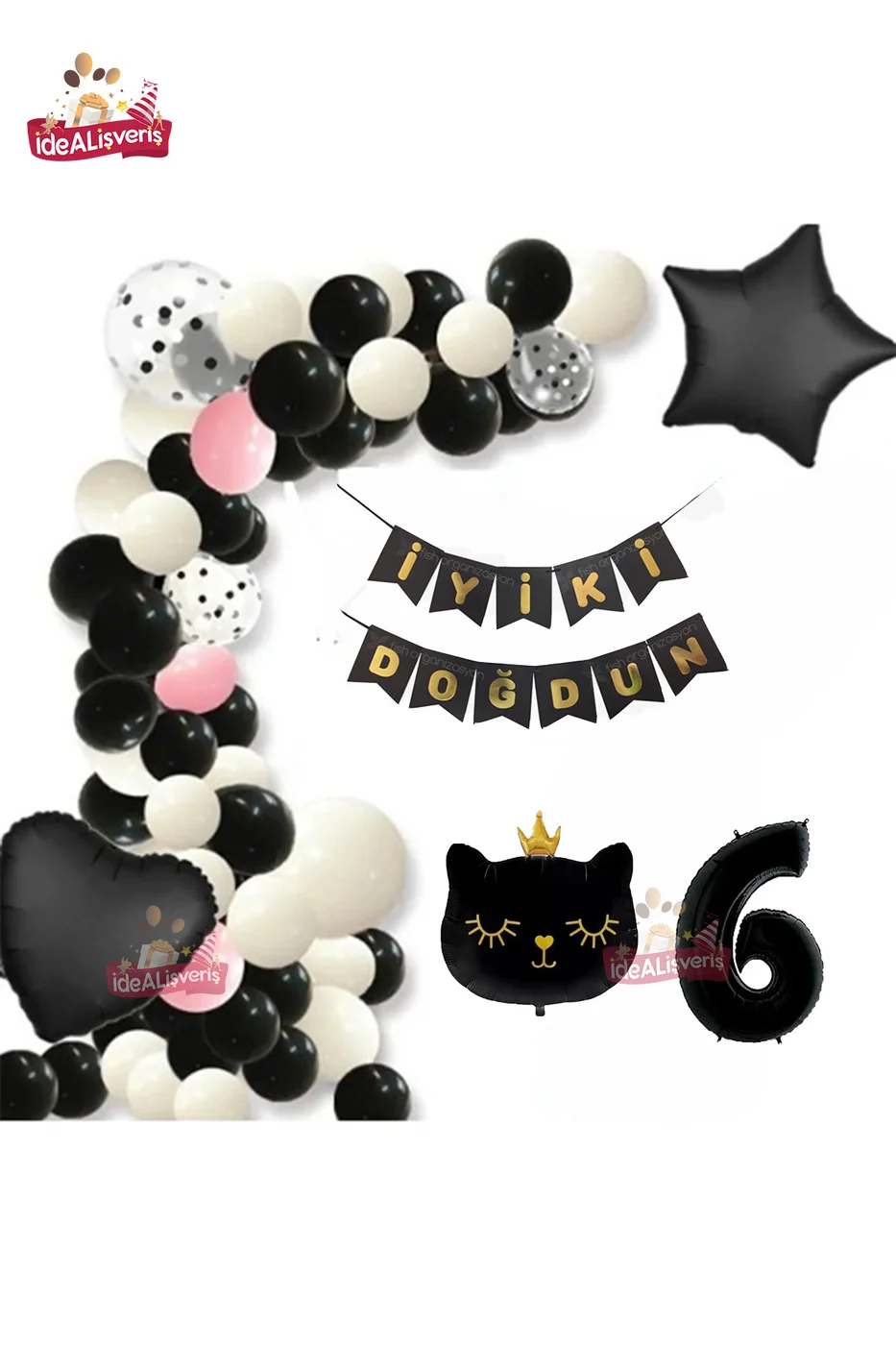 Bannerli 6 Yaş Siyah Kedi Folyolu Kalp Yıldız Siyah Beyaz Konsept Doğum Günü Seti