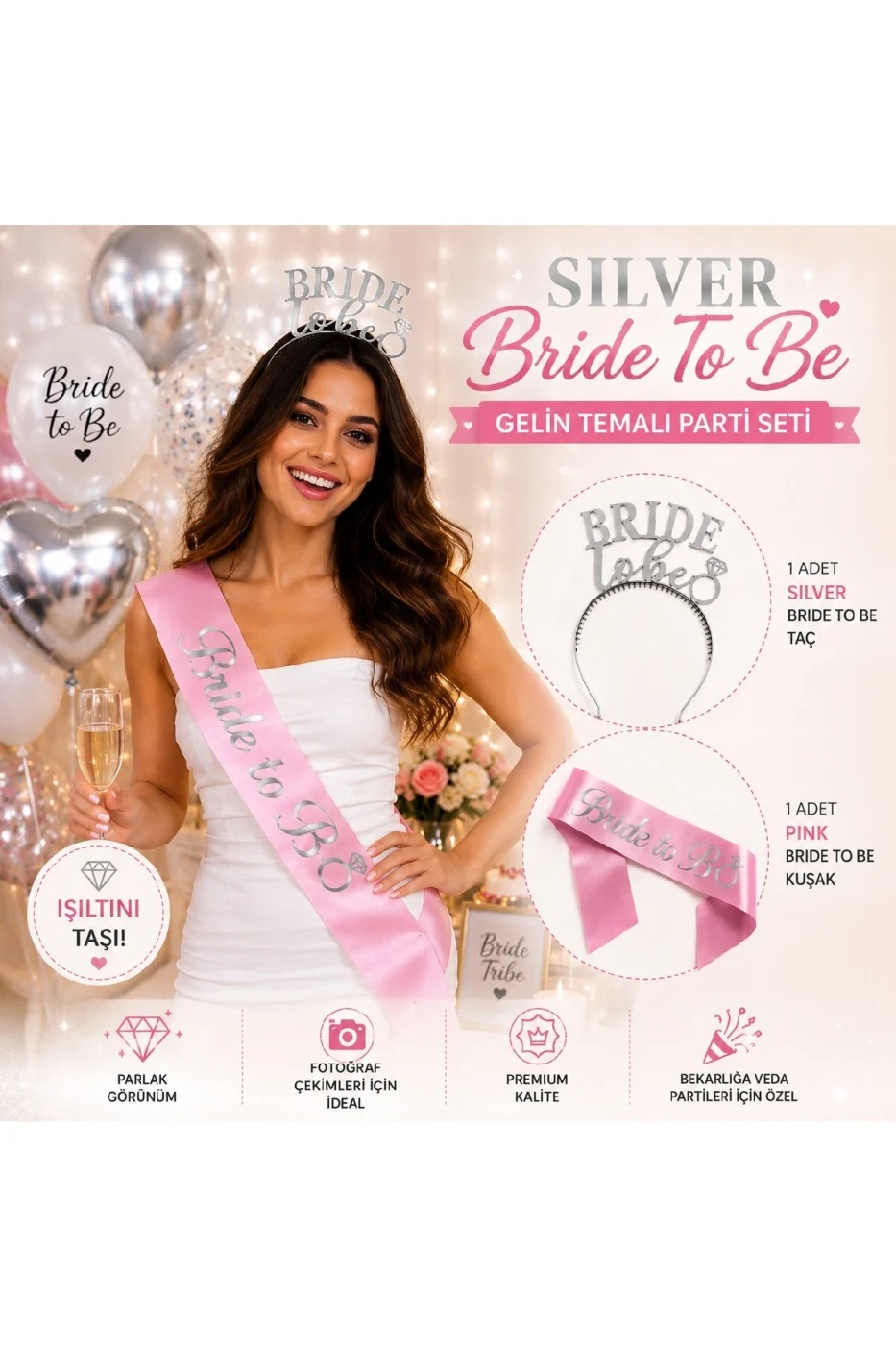 Bride To Be Taç ve Pembe Kuşak Seti - Bekarlığa Veda Gelin Aksesuarı - Bridal Shower Parti Seti gorsel 2