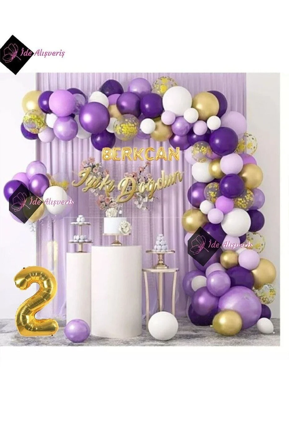 8 Harf İsimli 2 Yaş Macaron Mor Balon Zinciri Seti Gölge Mor Altın Balon Dekorasyon gorsel 3