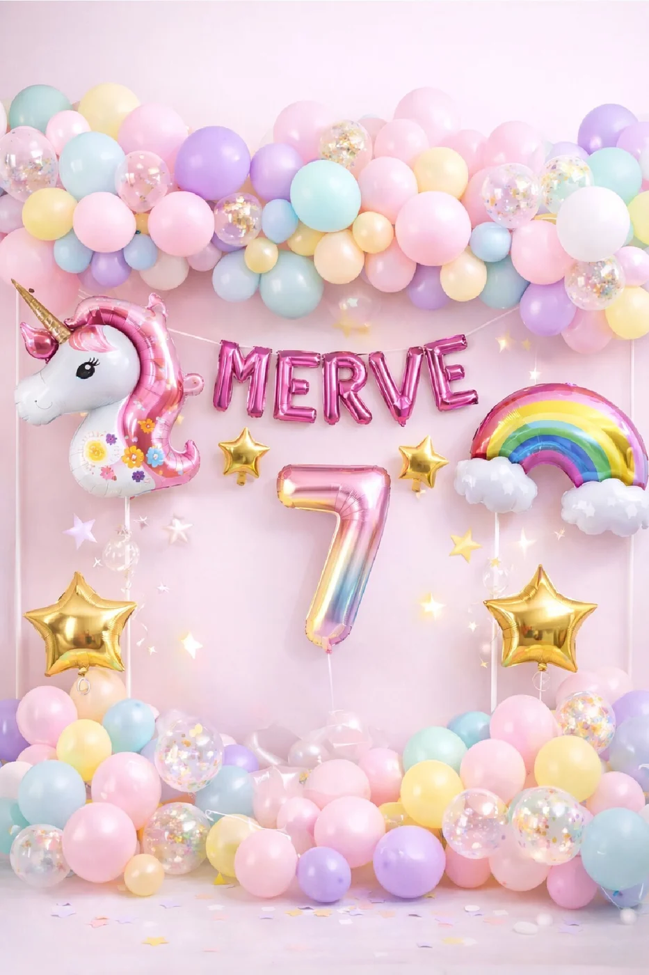 5 Harfli Kişiye Özel Unicorn Doğum Günü Süsü Pastel Balon Zinciri Gökkuşağı Unicorn Balon Parti Seti