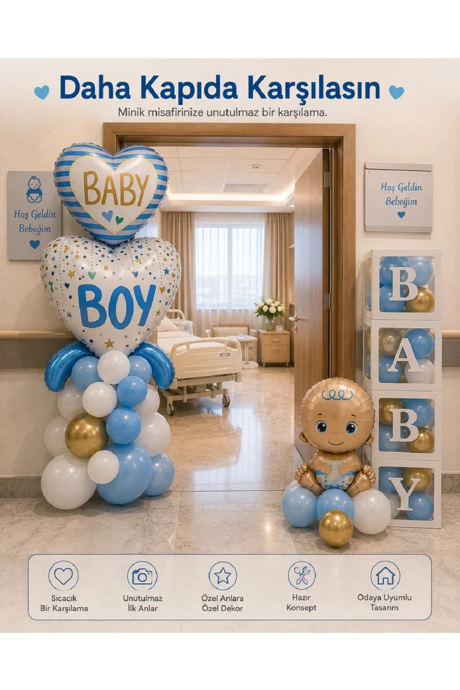 Hoş Geldin Bebek Hastane Odası Süsleme Seti | Erkek & Kız Bebek Dekorasyon Seti | BABY Kutu Seti, Baby Boy/Girl Balon, Bebek Folyo, Balon Zinciri | Premium Fotoğraf Çekim Konsepti gorsel 7